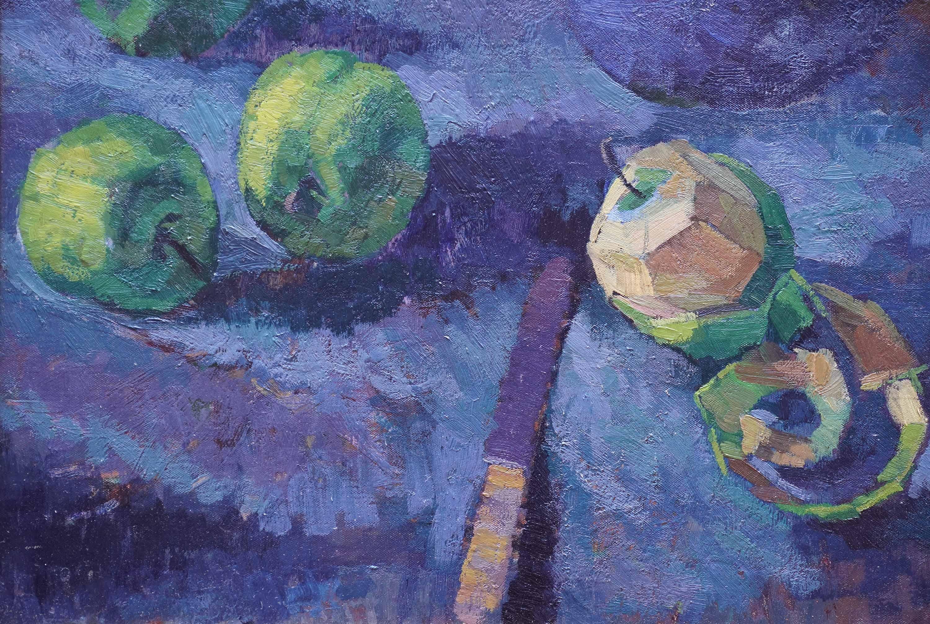 Stilleben mit grünen Äpfeln und Messer - Britisches postimpressionistisches Ölgemälde im Angebot 5
