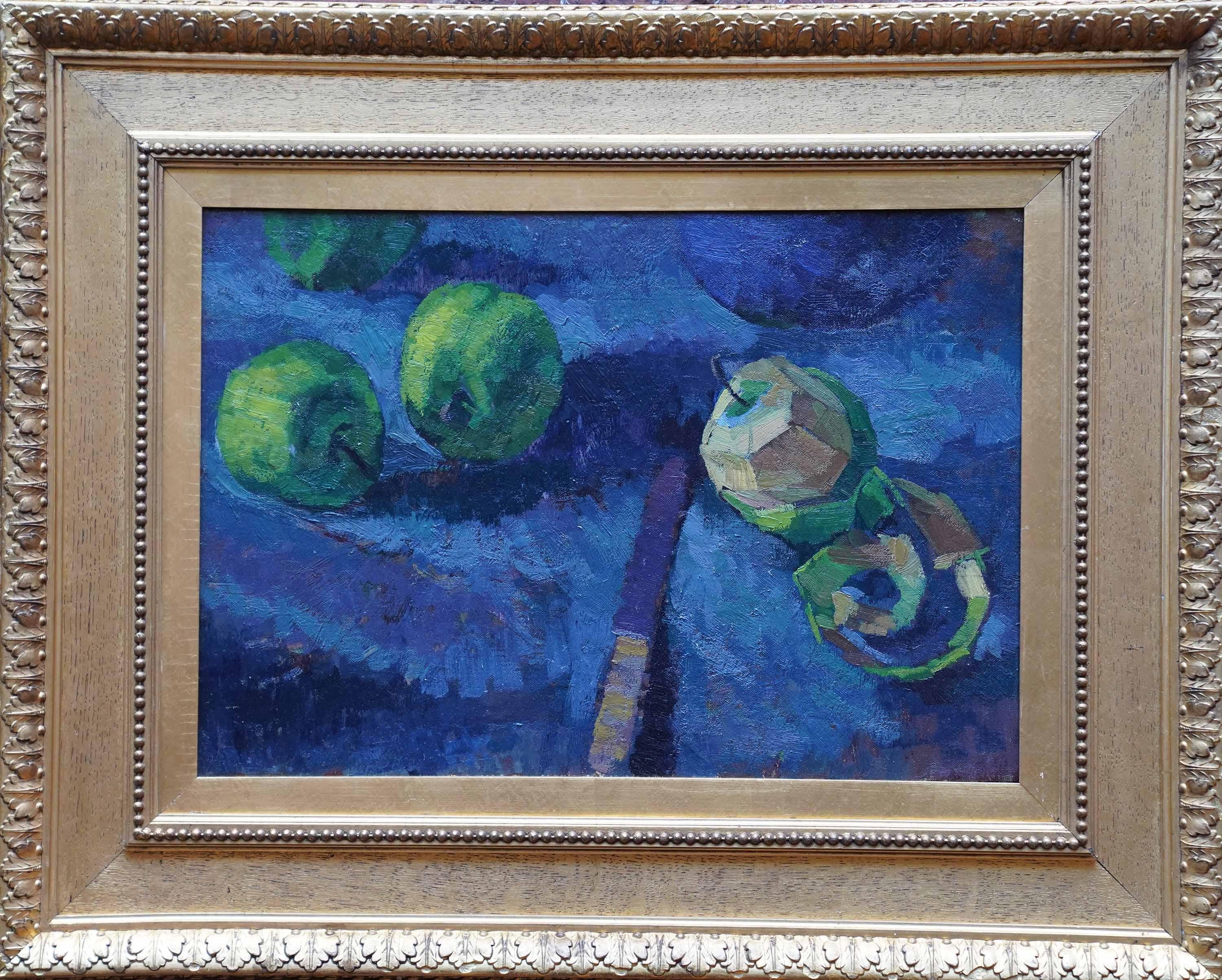 Stilleben mit grünen Äpfeln und Messer - Britisches postimpressionistisches Ölgemälde im Angebot 6