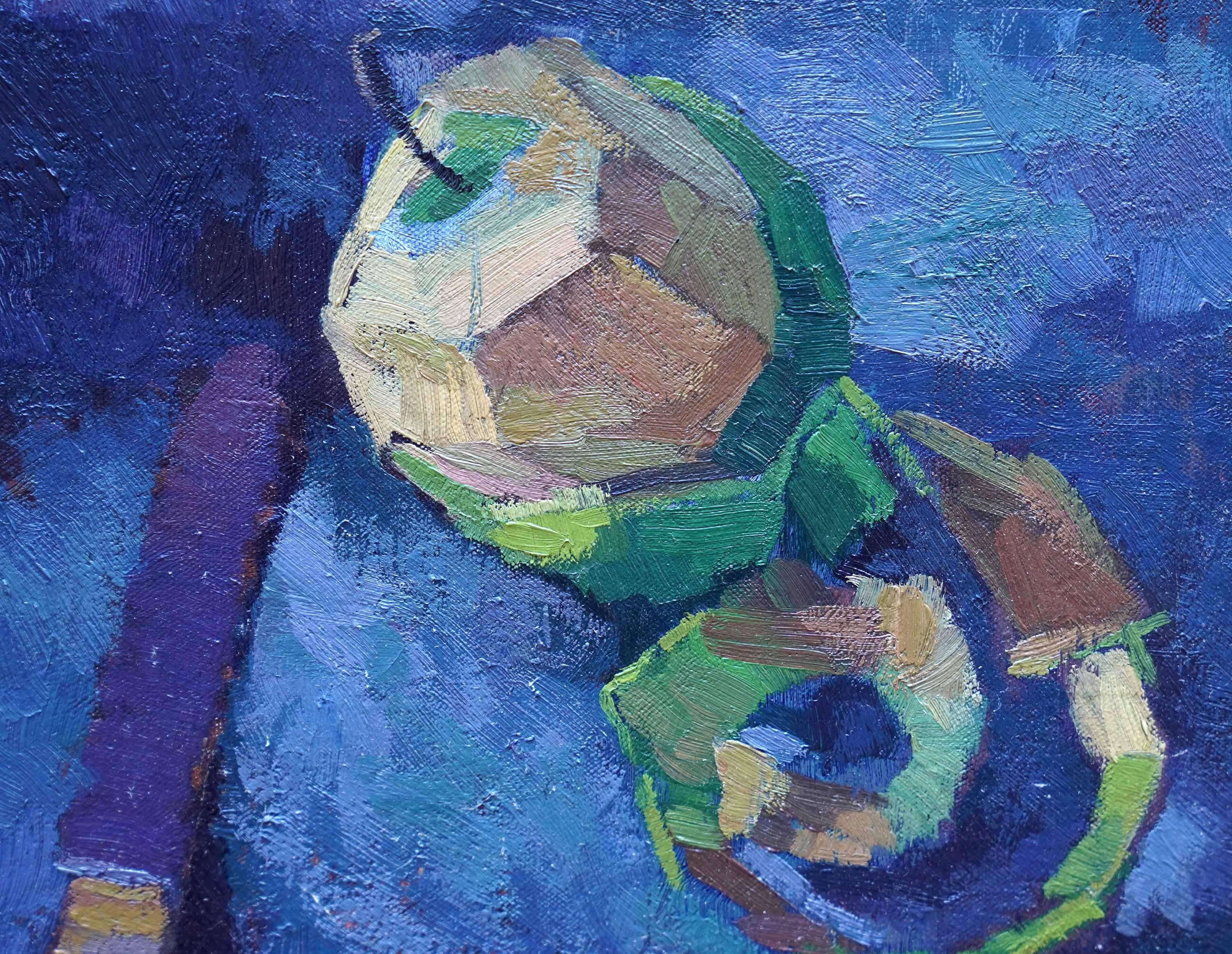 Stilleben mit grünen Äpfeln und Messer - Britisches postimpressionistisches Ölgemälde (Post-Impressionismus), Painting, von Peter L Field