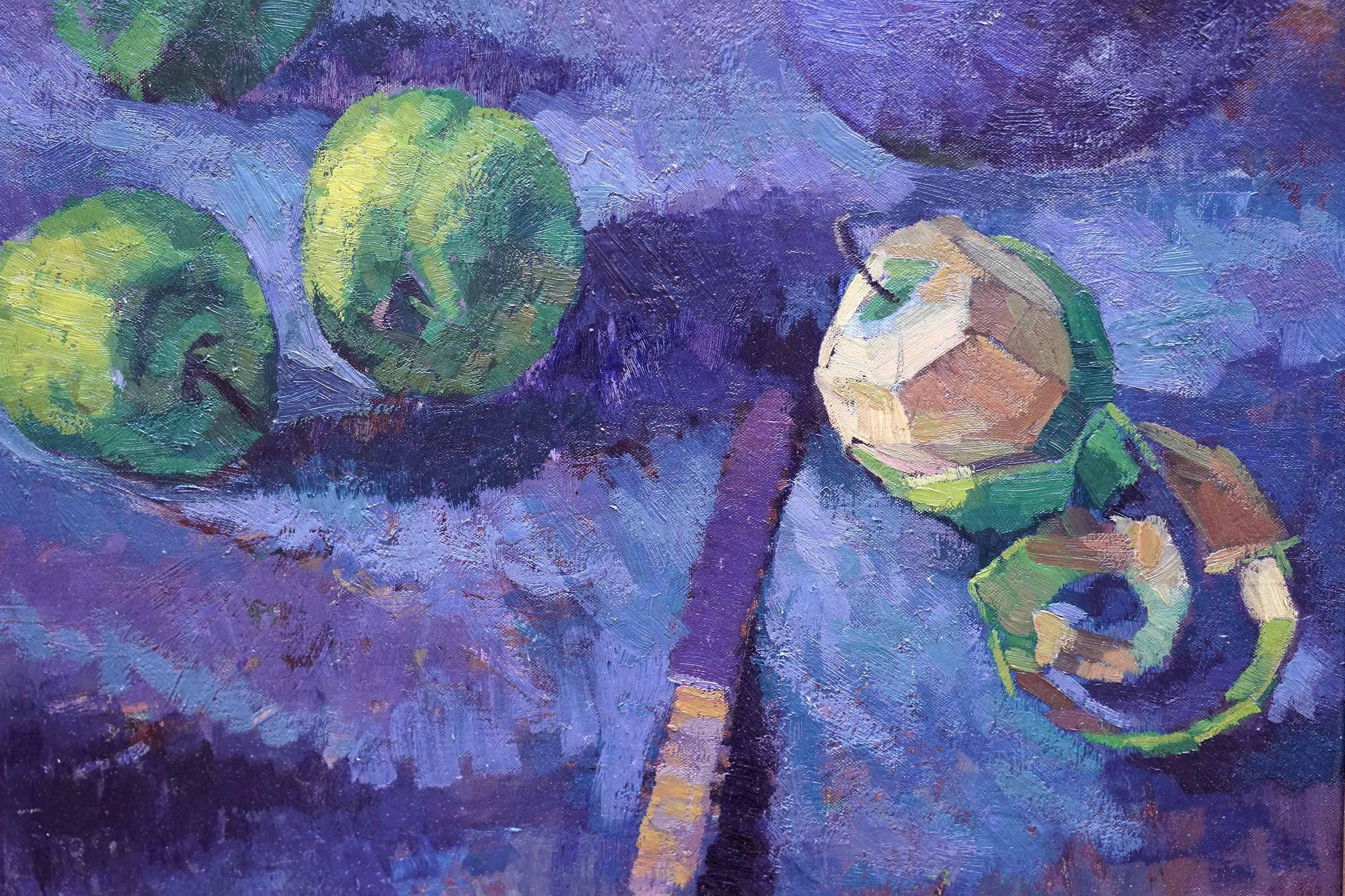 Stilleben mit grünen Äpfeln und Messer - Britisches postimpressionistisches Ölgemälde im Angebot 3