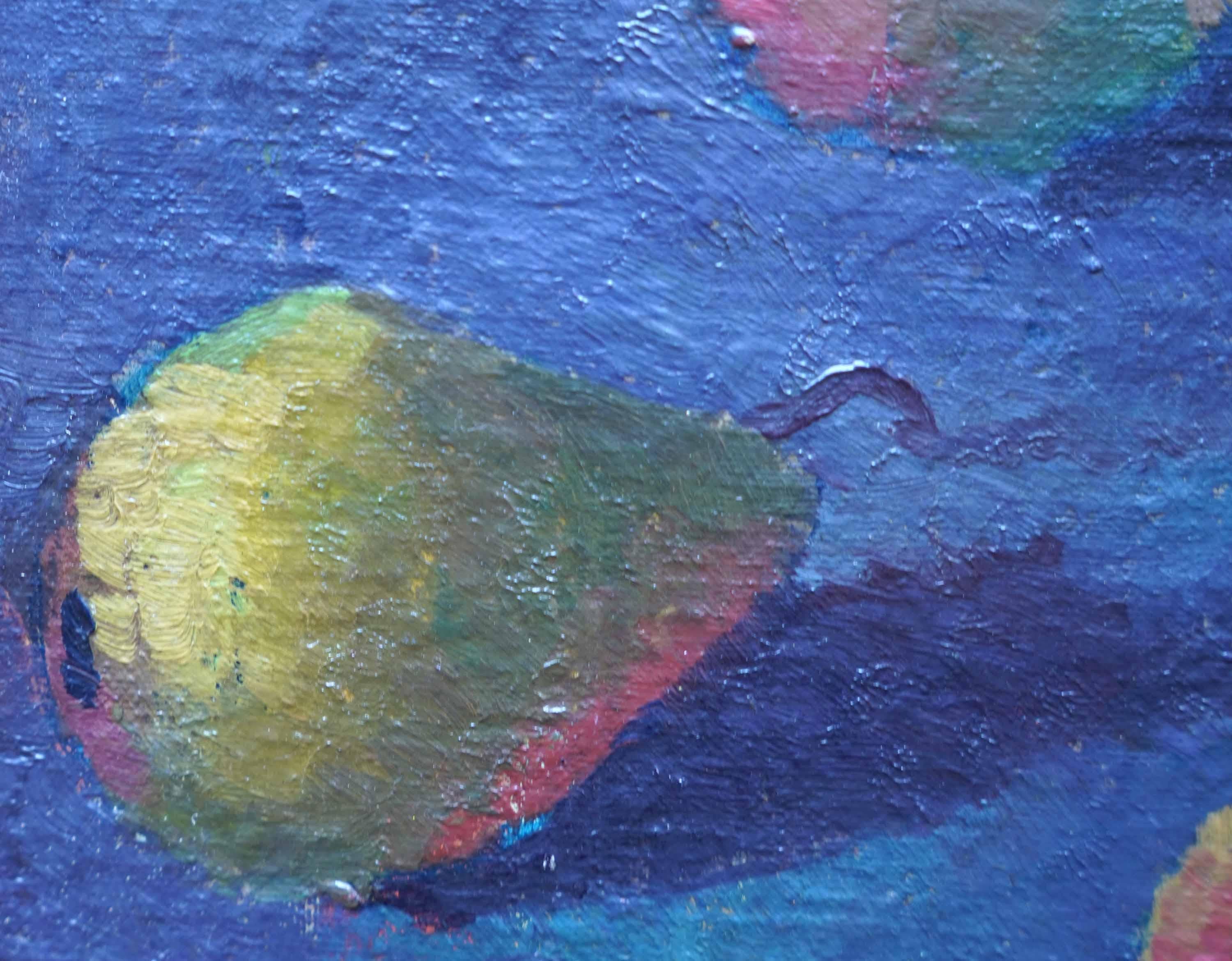 Stillleben von Birnen - Britische fünfziger Jahre Post Impressionist Kunst Obst Ölgemälde im Angebot 2