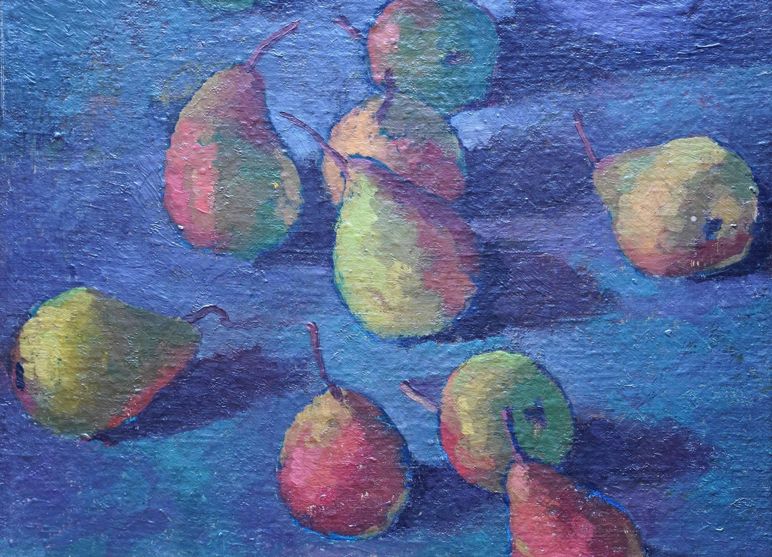 Stillleben von Birnen - Britische fünfziger Jahre Post Impressionist Kunst Obst Ölgemälde im Angebot 4