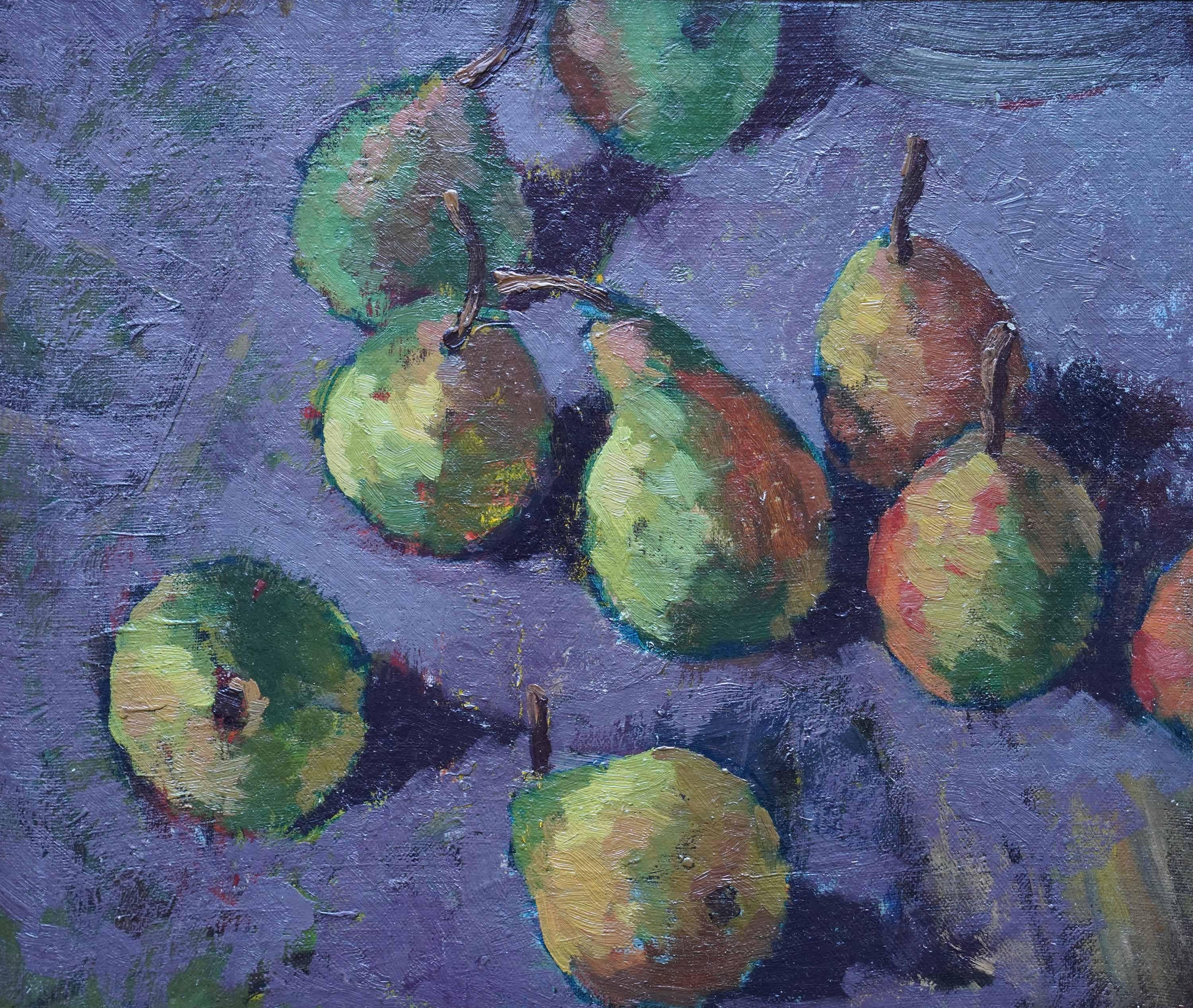 Stillleben von Birnen auf Lila - Britische 50er Jahre Post Impressionist Kunst Ölgemälde im Angebot 3