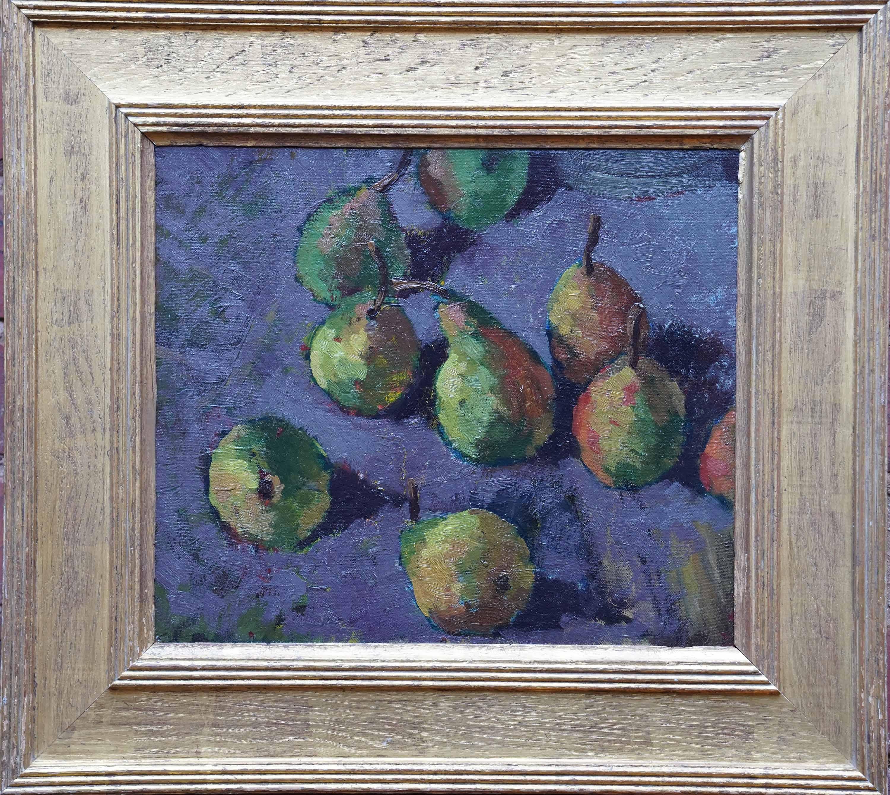 Stillleben von Birnen auf Lila - Britische 50er Jahre Post Impressionist Kunst Ölgemälde im Angebot 4