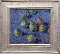 Natura morta di pere su porpora - Quadro ad olio di arte post impressionista britannica degli anni '50