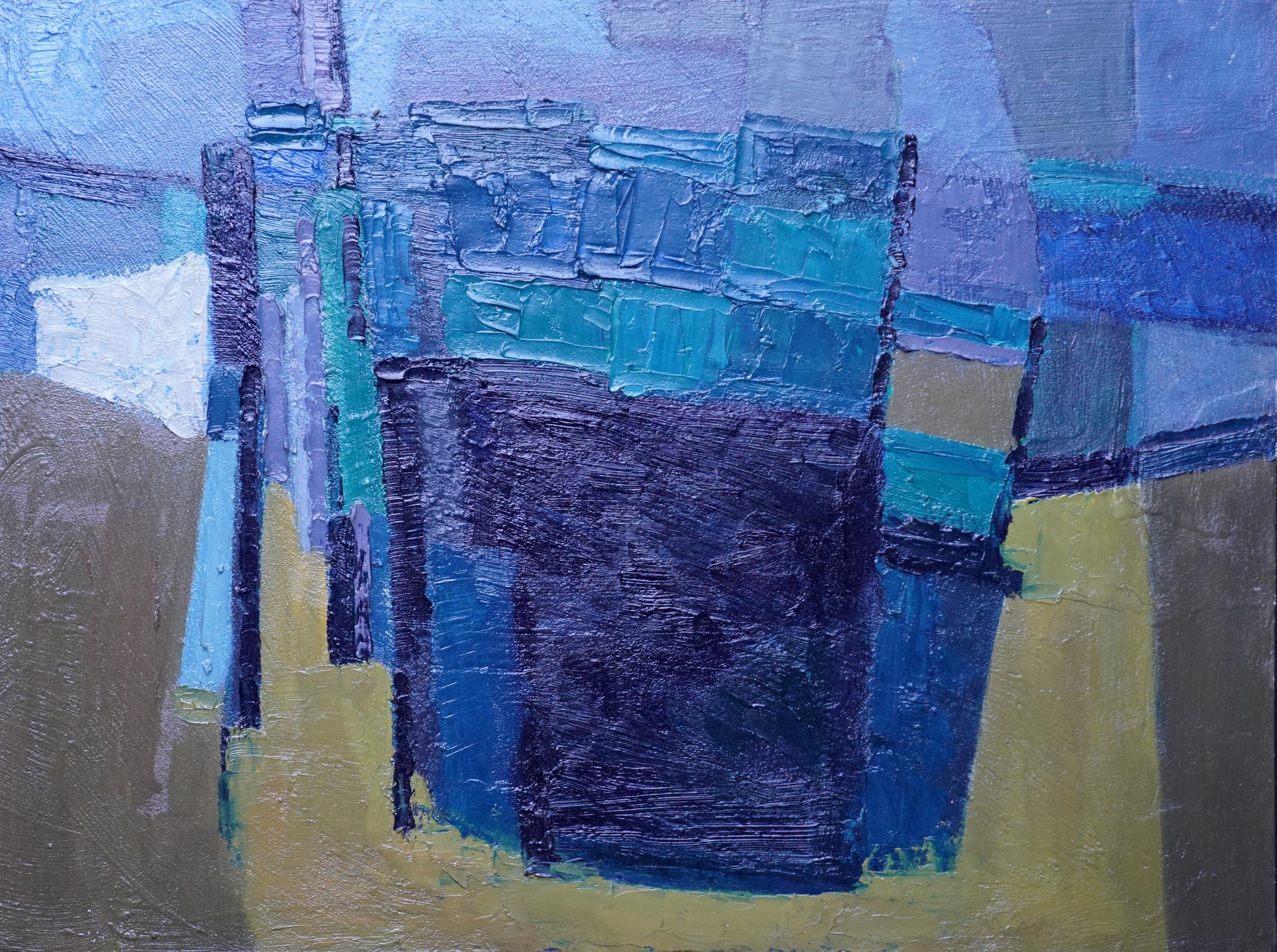 Blue Yellow abstract - British sixties Abstract art oil painting - Painting by Peter L. Field