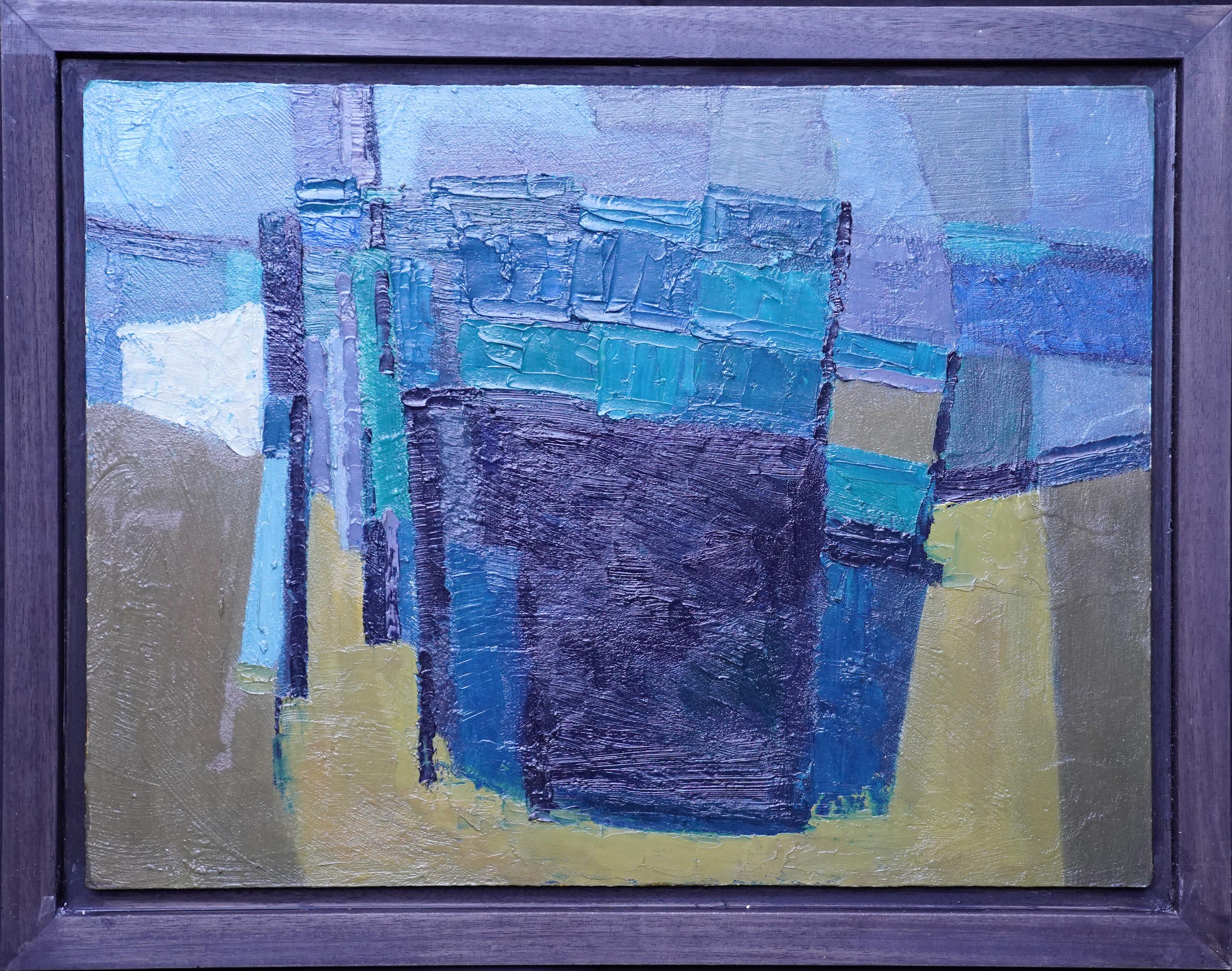 Peter L. Field Abstract Painting - Blue Yellow abstract - British sixties Abstract art oil painting