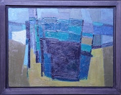 Peinture à l'huile abstraite britannique bleue et jaune, années soixante-dix