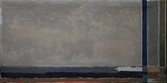 Paysage abstrait britannique - peinture à l'huile des années 50 paysage gris bleu marron