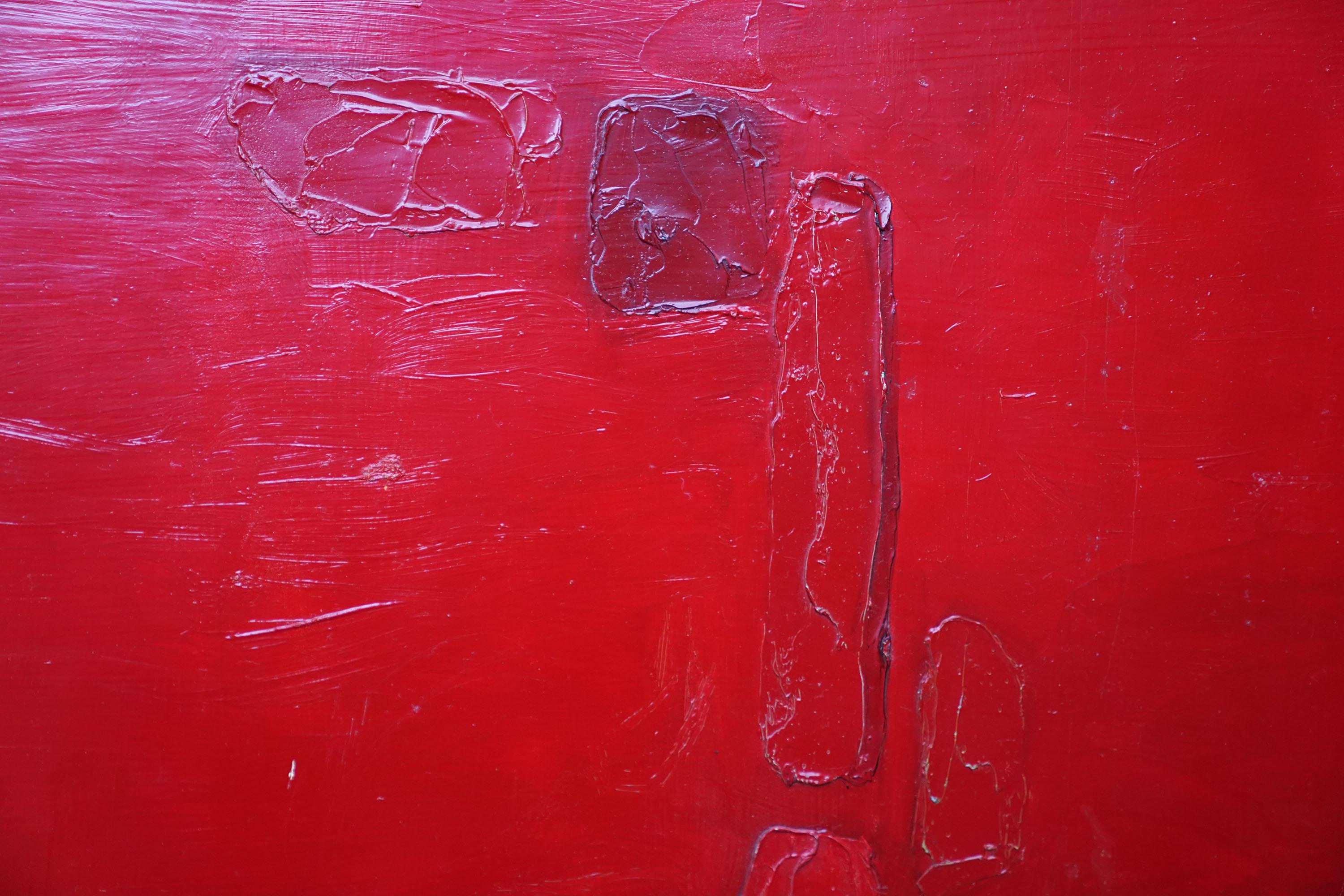 This vibrant British abstract is by noted artist Peter L Field. Painted circa 1960, the composition in reds has relief sculptural impasto. The red works very well in the black surround frame. 
Provenance: Family estate. 
Condition. Oil on canvas, 24