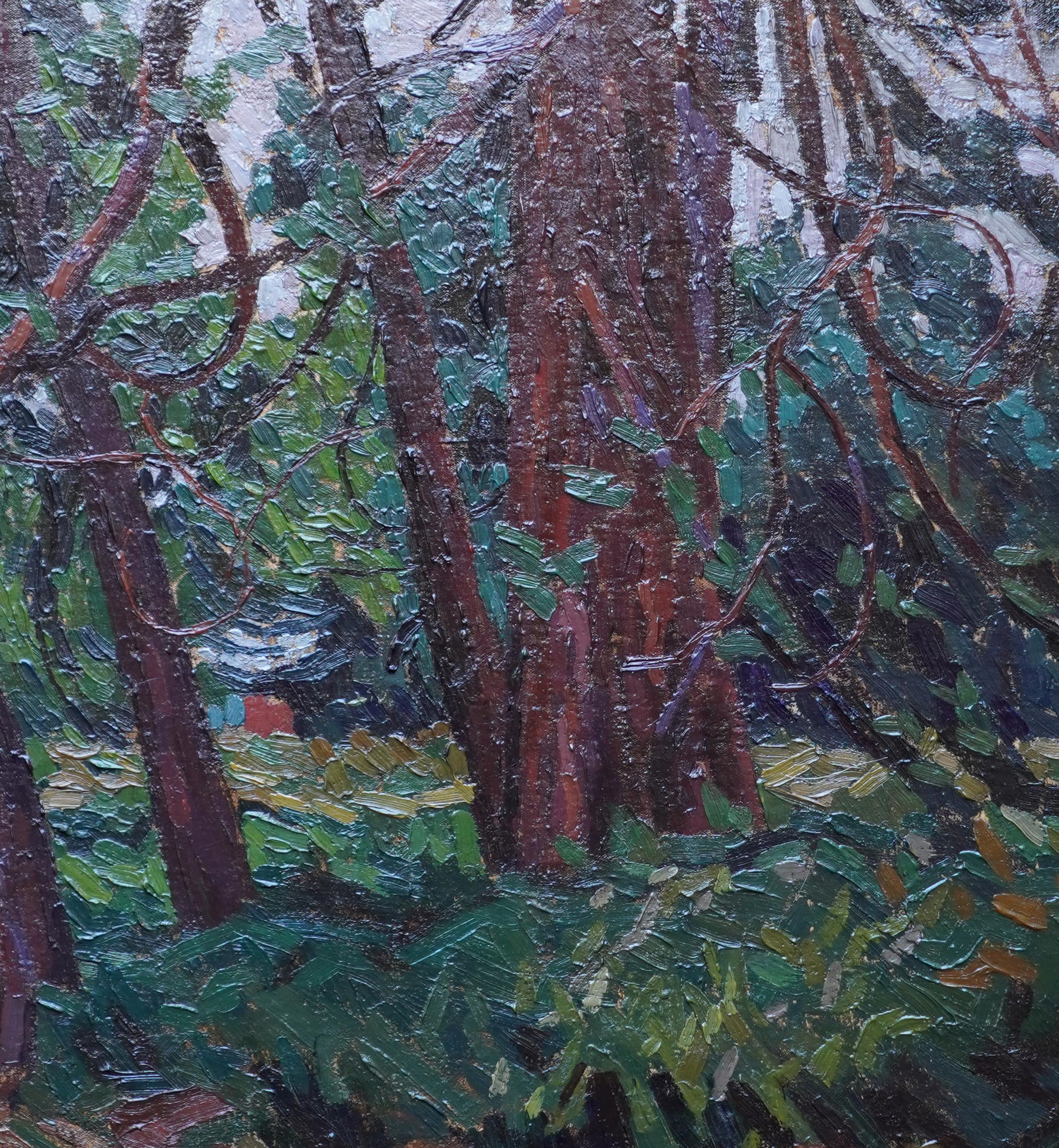 View Through Trees - British Post Impressionist 50's art landscape oil painting - Post-Impressionist Painting by Peter L. Field