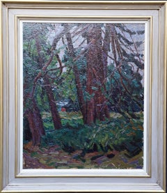 Vue à travers les arbres - peinture à l'huile de paysage post-impressionniste britannique des années 50