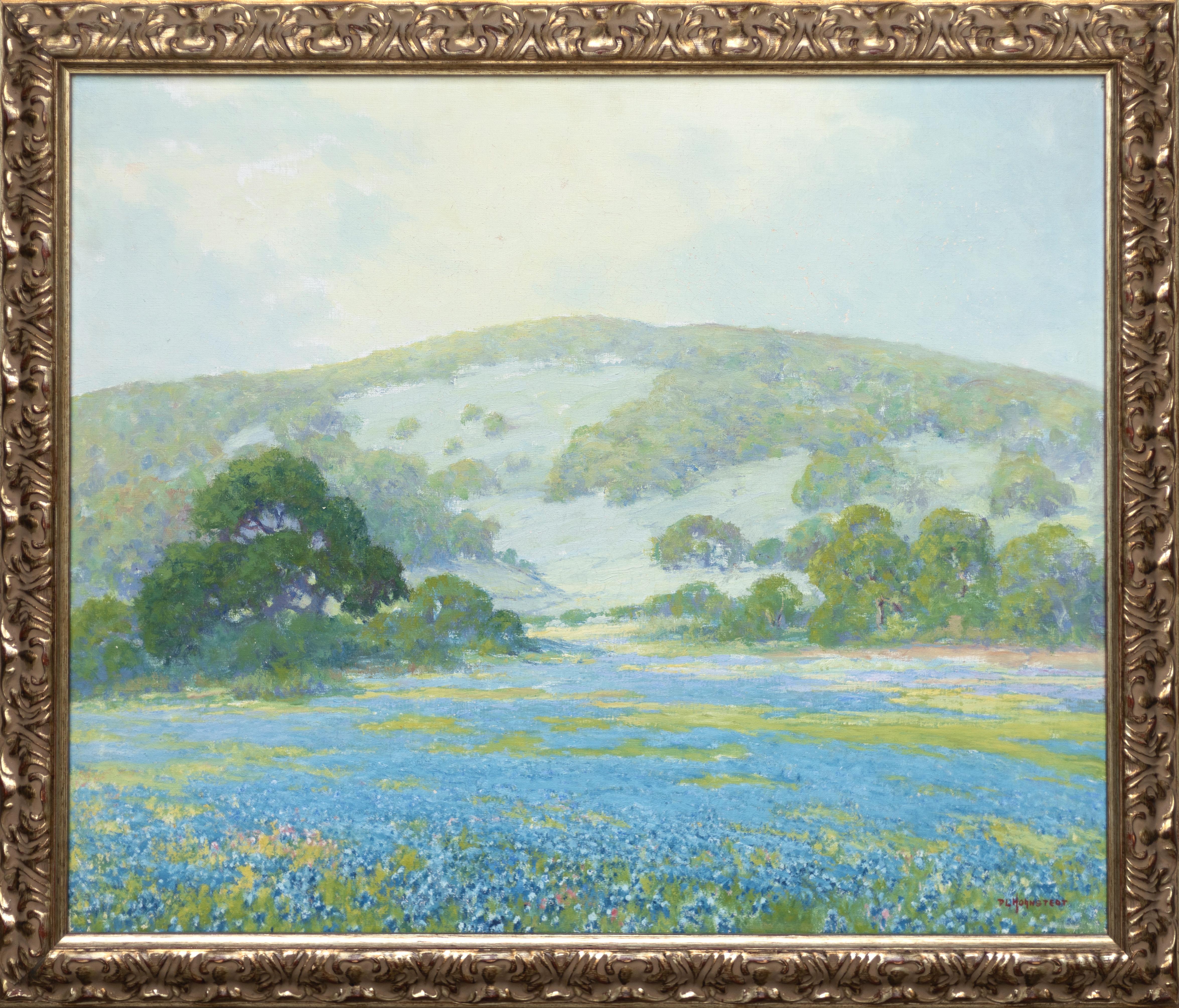 Texas Hill Country Landscape with Field of Bluebonnets - Painting by Peter L. Hohnstedt