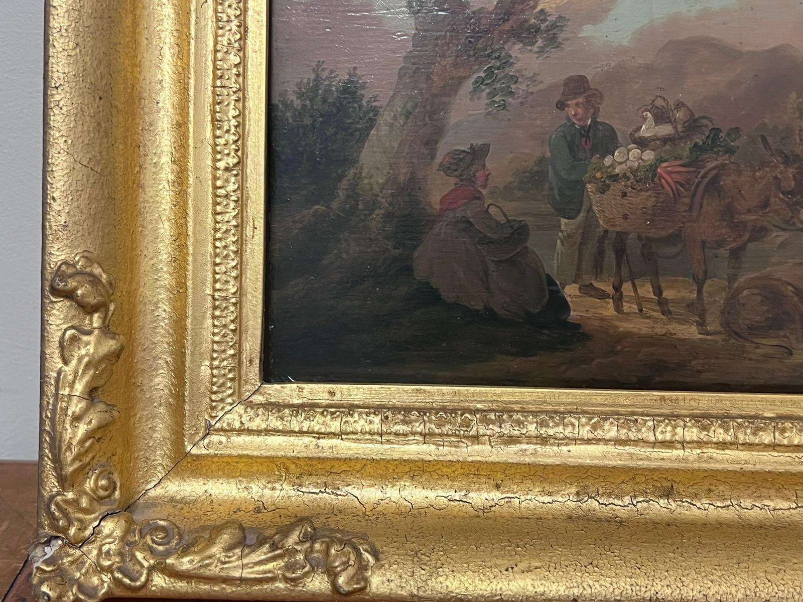 Pausing for Conversation
by peter la Cave (fl. 1789-1816) *see bio below
painting on wood panel, framed
framed: 12.5 x 15 inches
panel: 8 x 10 inches
provenance: private collection, UK
condition: very good and sound condition