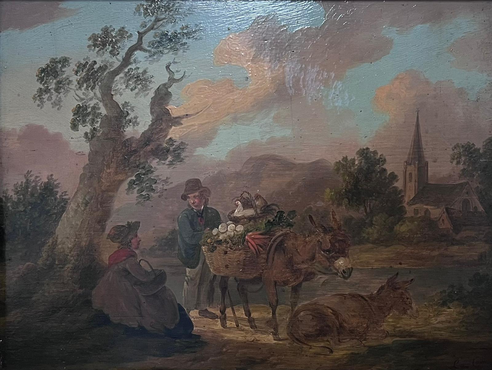 c.1800 English Oil Rustic Landscape Figures with Donkey & Chickens Rural Lane - Painting by Peter La Cave