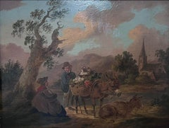 c.1800 English Oil Rustic Landscape Figures with Donkey & Chickens Rural Lane