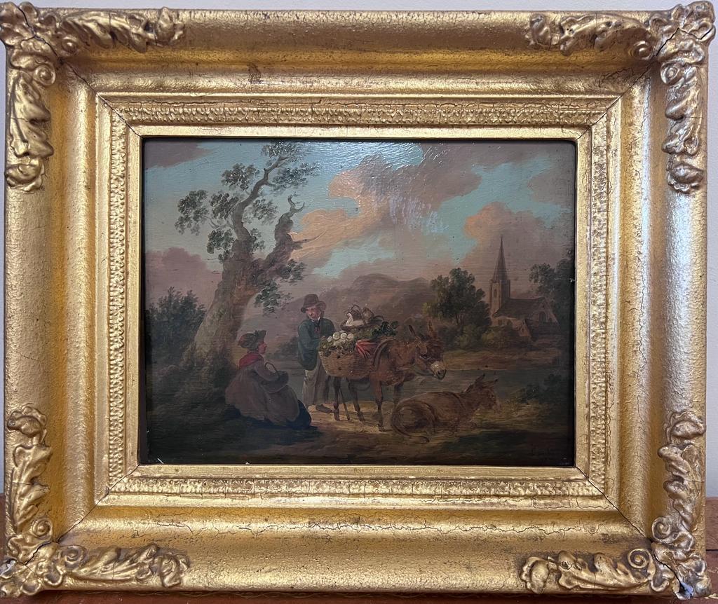 Peter La Cave Animal Painting - c.1800 English Oil Rustic Landscape Figures with Donkey & Chickens Rural Lane