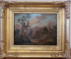 c.1800 English Oil Rustic Landscape Figures with Donkey & Chickens Rural Lane