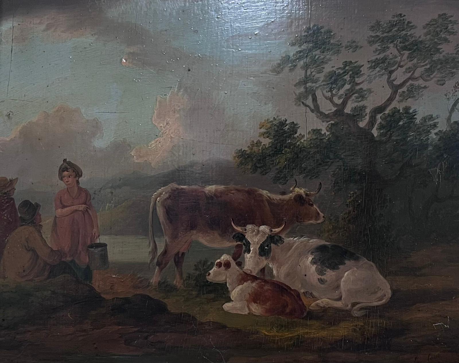 c. 1800 Shepherd & Milk Maid with Cattle Pastoral Landscape Oil on Wood Panel - Painting by Peter la Cave (fl. 1789-1816)