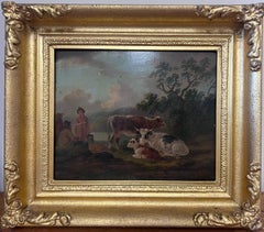 Antique c. 1800 Shepherd & Milk Maid with Cattle Pastoral Landscape Oil on Wood Panel