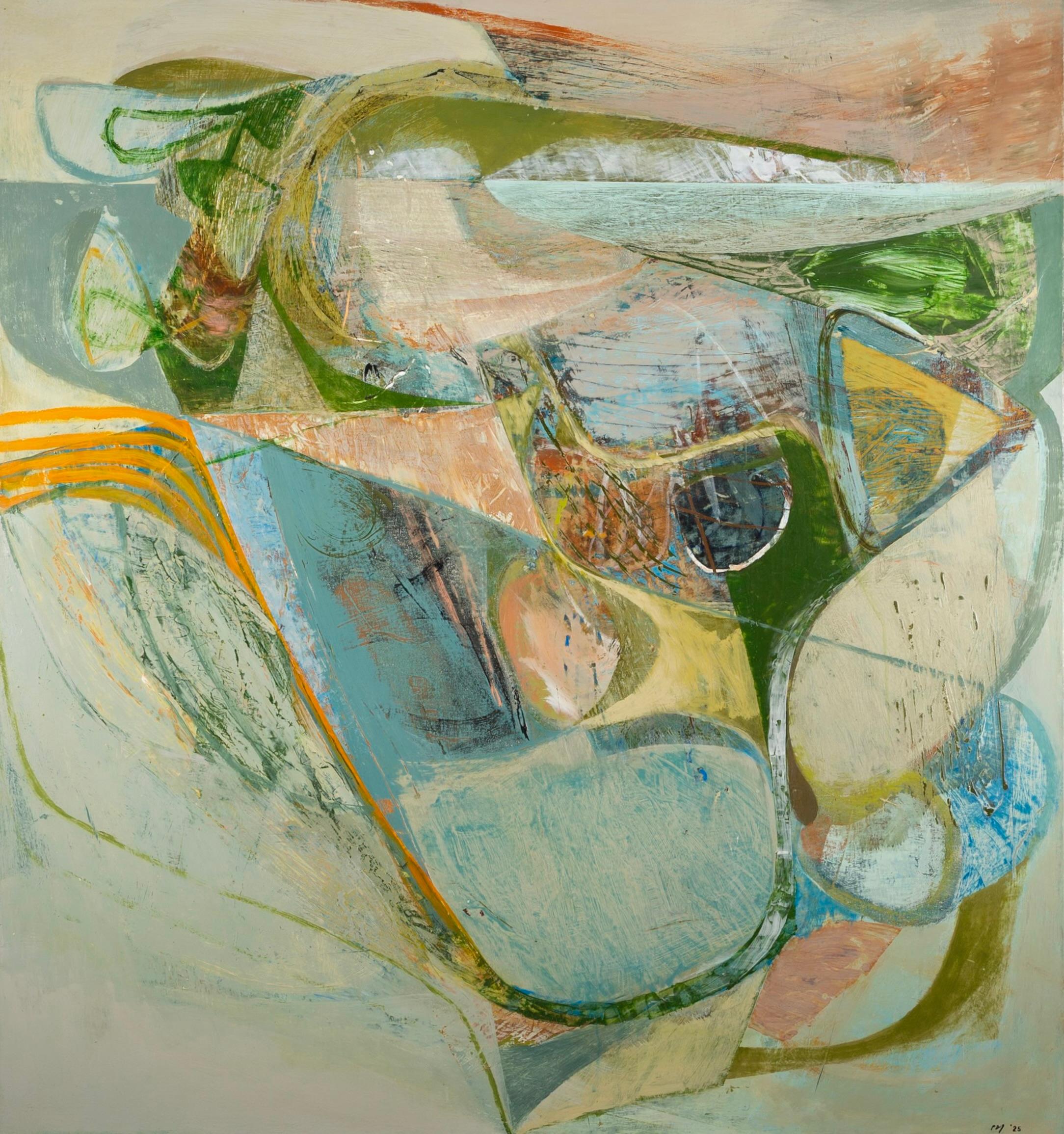 Landscape Painting Peter Lanyon - De Durlston - Grande peinture acrylique abstraite avec du blanc, du bleu et du vert