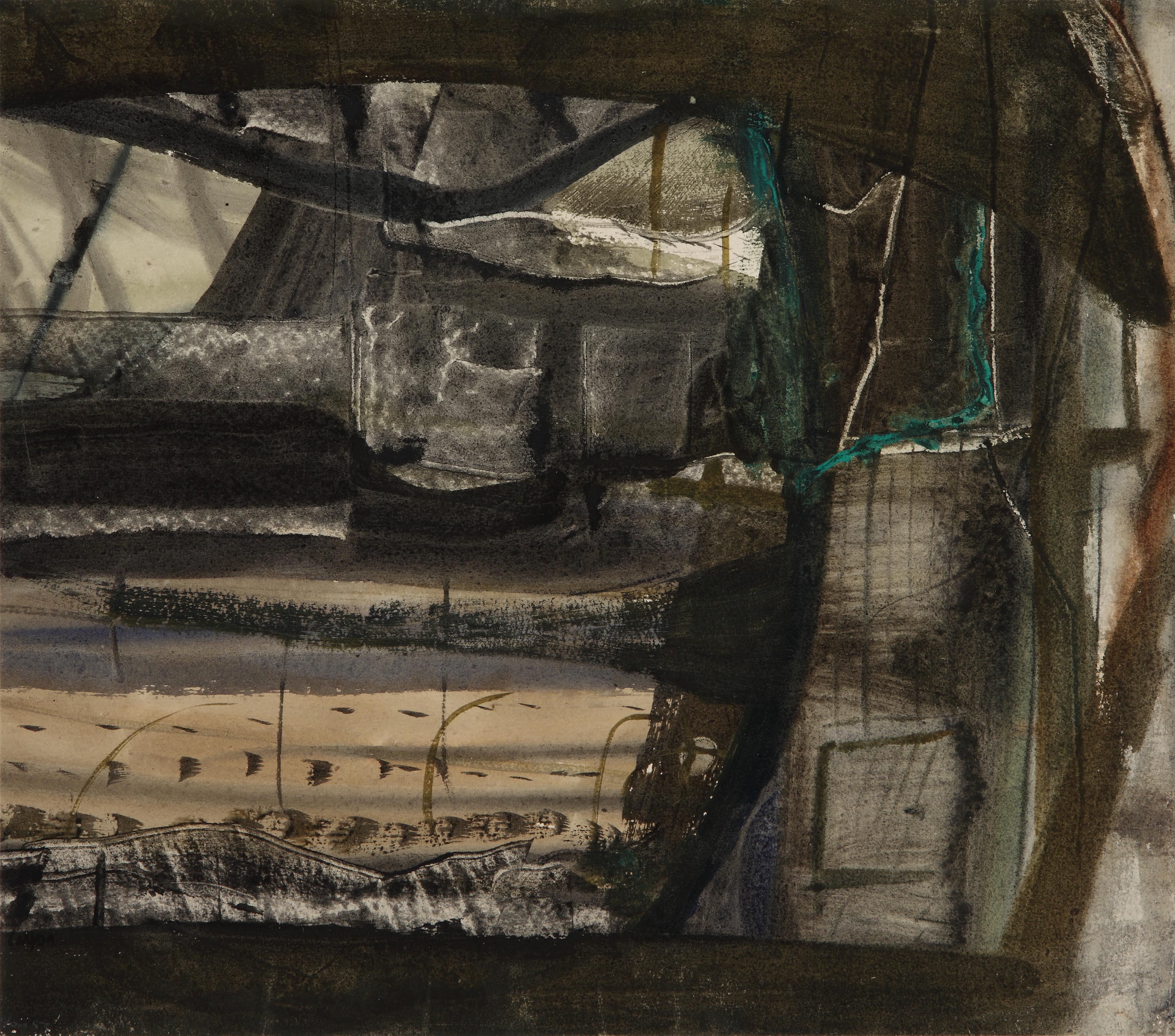 Peter Lanyon, Winter Landscape, Anticoli Corrado, watercolour, gouache, 1950's

Peter Lanyon (British, 1918-1964)
 Winter Landscape, Anticoli Corrado 
 Signed 'Lanyon' and dated 'Jan 53' (lower left), 
 Further signed, Inscribed and dated again
