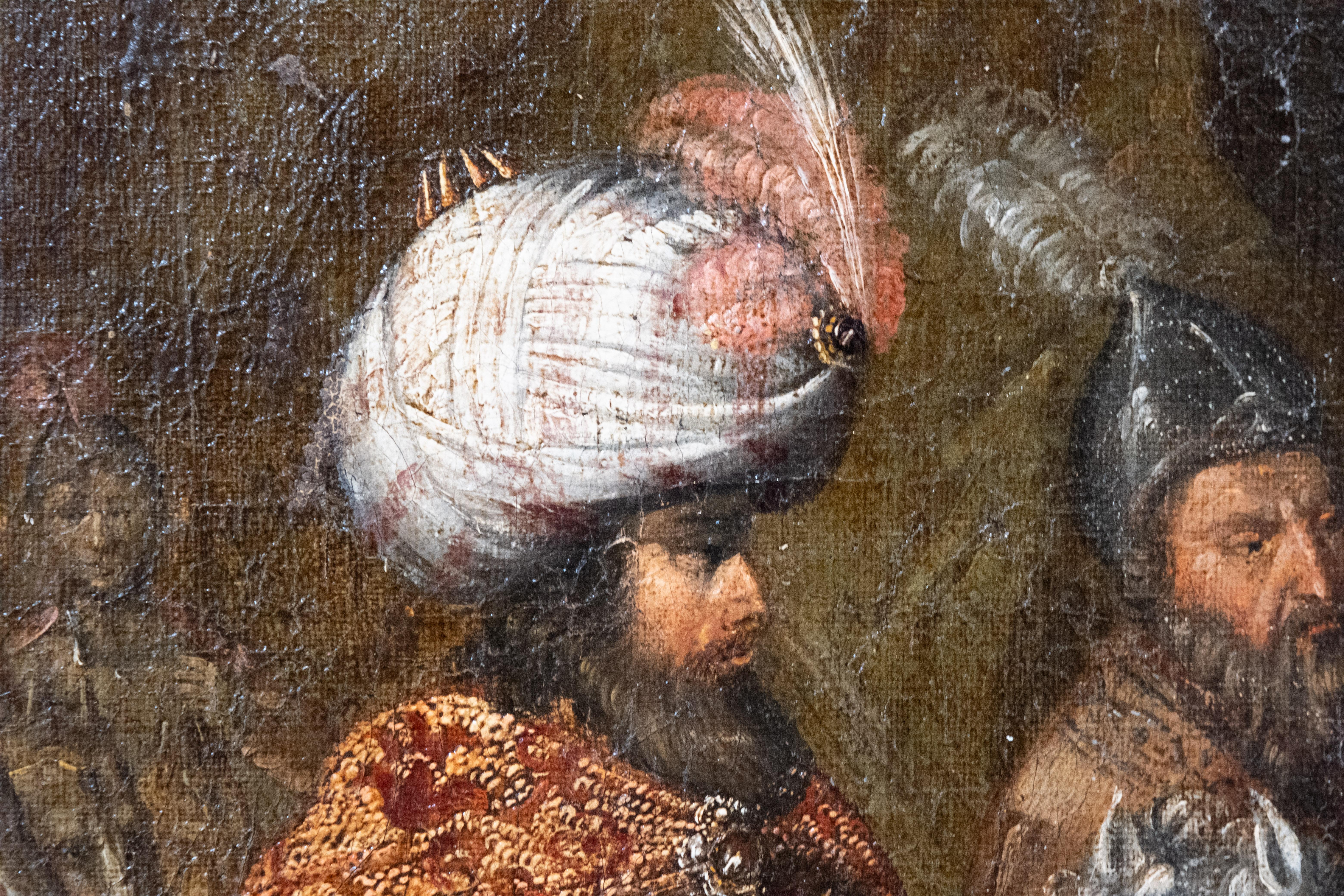 Peter Lastman inscribed on reverse Old Master painting, probably Dutch school, late 17th century. Oil on curved canvas depicting the entrance of King David on Horseback. No apparent signature, writing on verso of the stretcher.

Measurement: 31 x 38