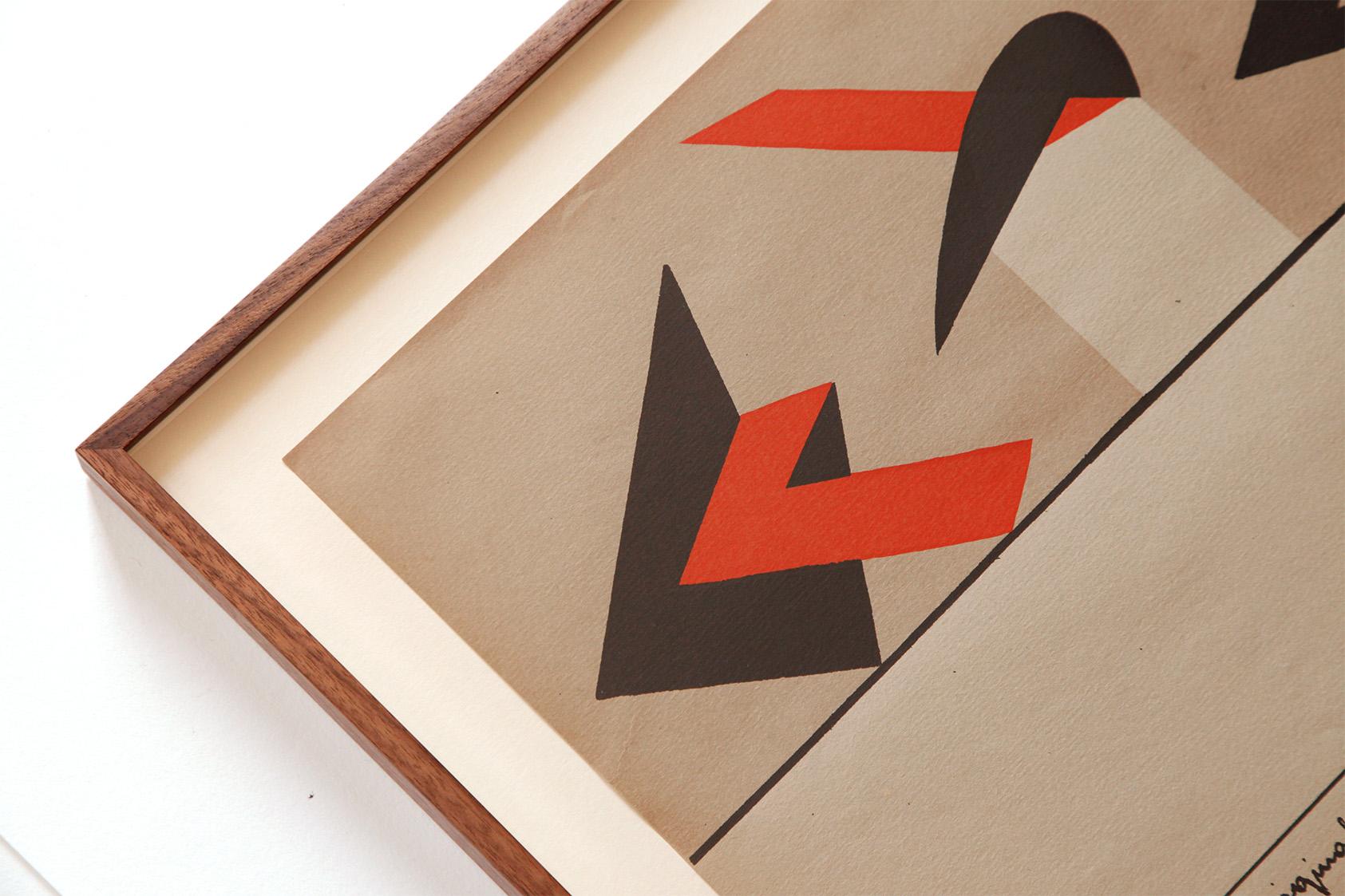 A historic Constructivist screenprint in a museum-grade frame.

Screenprint made by Peter László Péri in 1923 for the Great Berlin Art Exhibition. It represents three large space constructions. This print features in major art collections, including