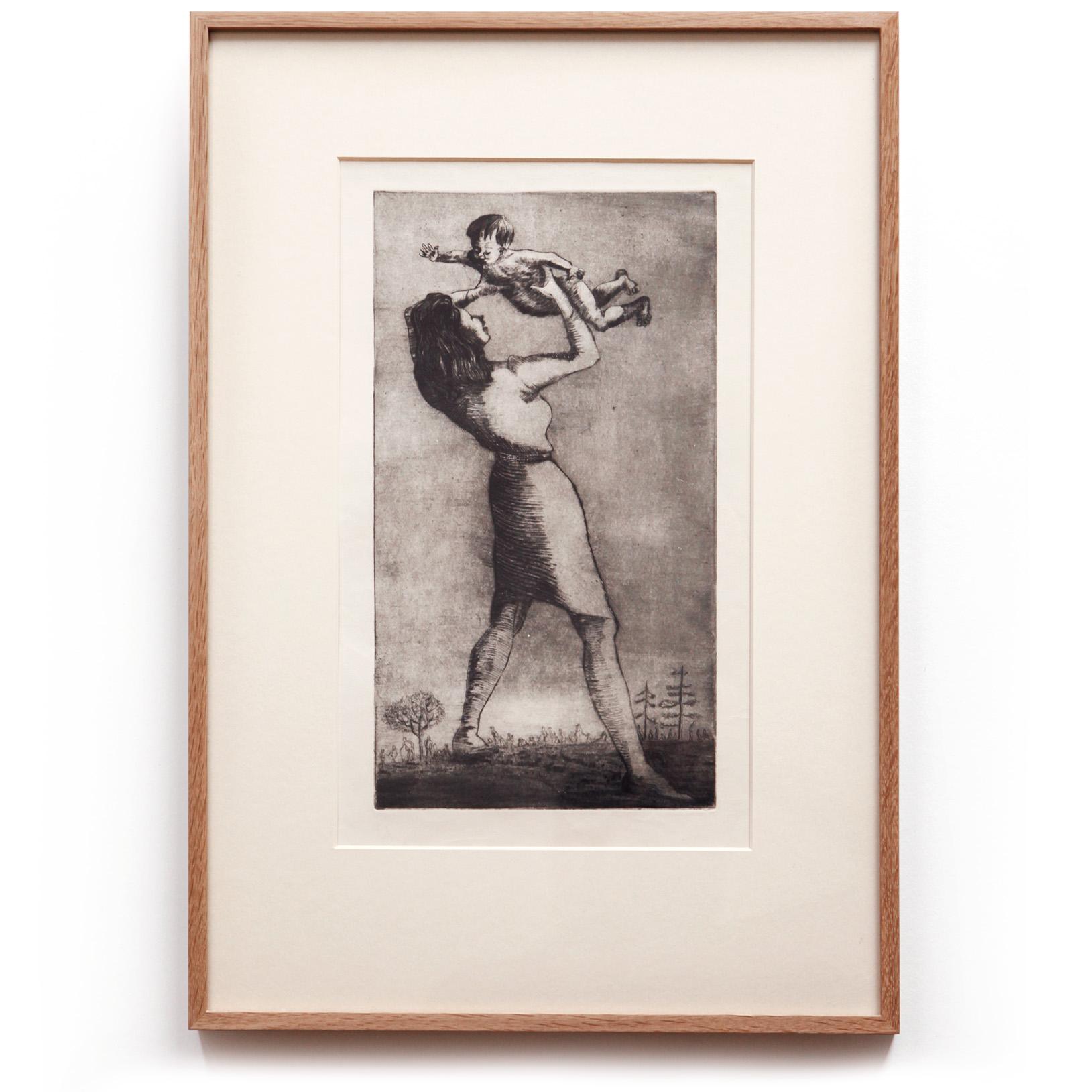 A beautiful and touching original Peter László Péri etching, 1940s. A beaming mother of gigantic proportions holds her child above her head. At her feet, a number of small characters also live their family lives. 

Artist: Peter László Péri
Date: