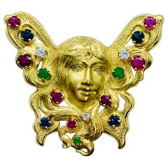 Peter Lindeman 18 Karat Gold Ruby Sapphire Emerald and Diamond Brooch Enhancer