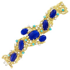Peter Lindeman 18K Gold Modernist Bracelet Diamond Lapis Turquoise, circa 1970