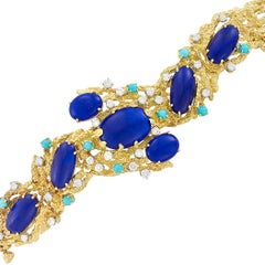 Peter Lindeman 18K Gold Modernist Bracelet Diamond Lapis Turquoise, circa 1970