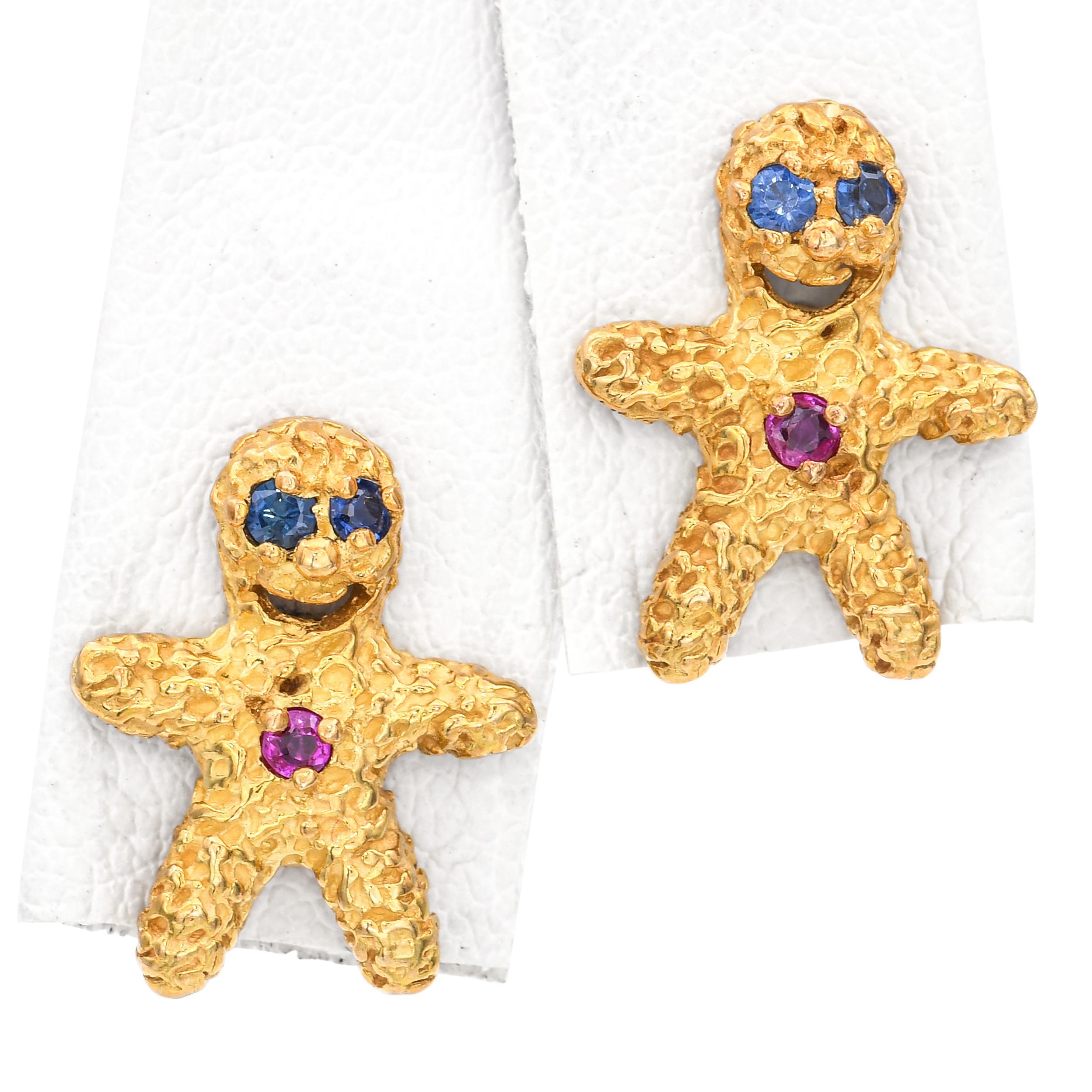 Peter Lindeman 18k Gelbgold Rubin und Saphir Lebkuchen-Ohrringe (Rundschliff) im Angebot