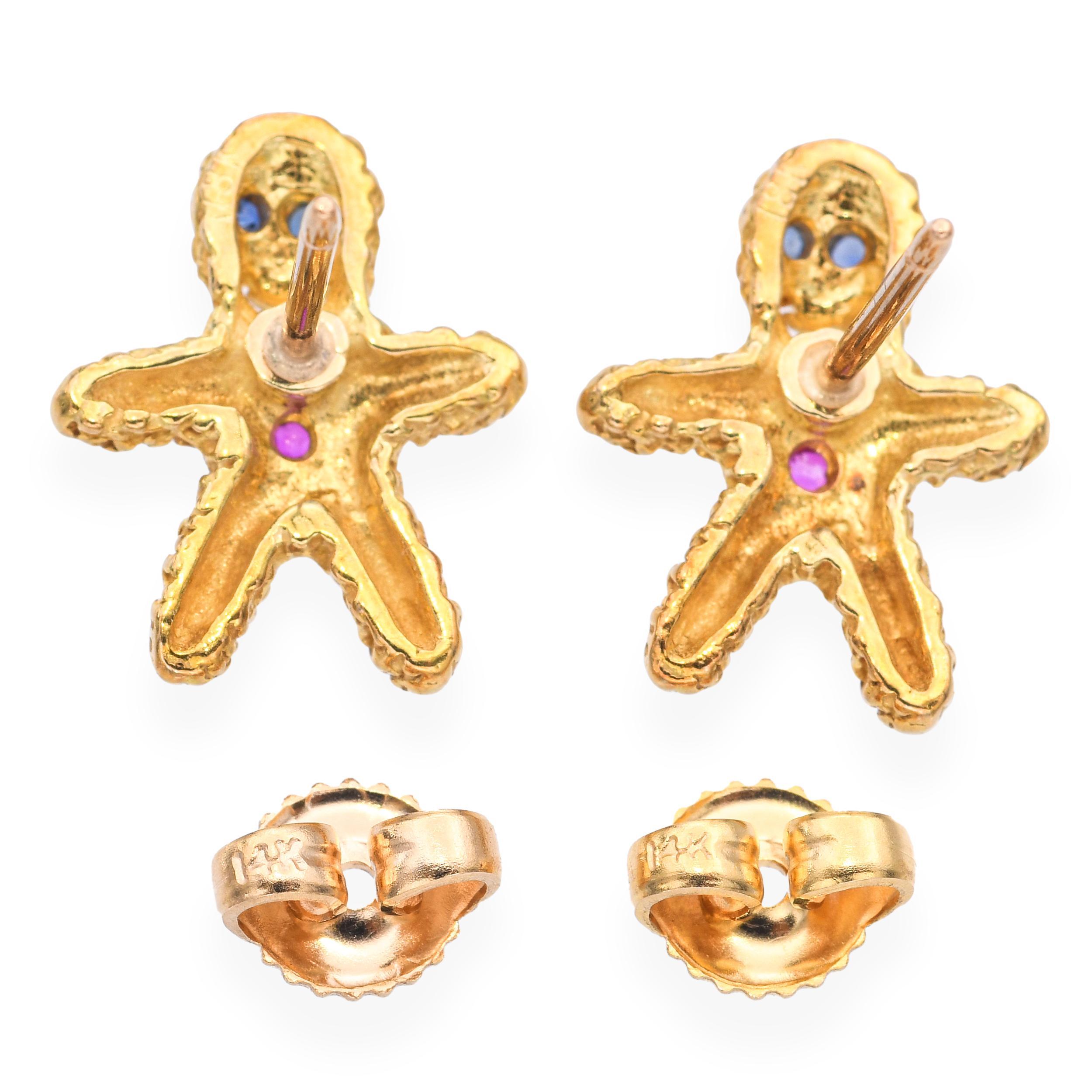 Peter Lindeman 18k Gelbgold Rubin und Saphir Lebkuchen-Ohrringe im Zustand �„Gut“ im Angebot in New York, NY