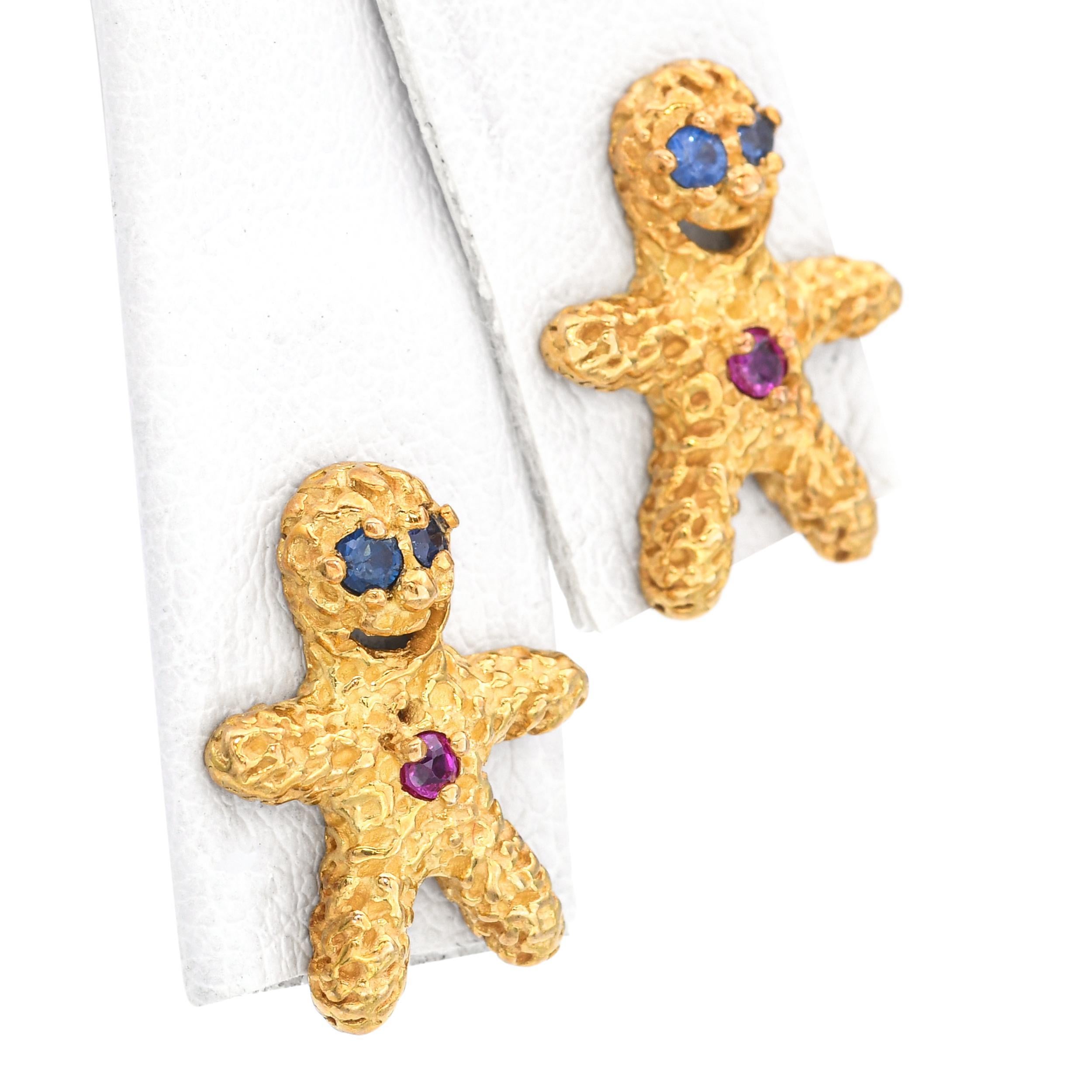 Peter Lindeman 18k Gelbgold Rubin und Saphir Lebkuchen-Ohrringe Damen im Angebot
