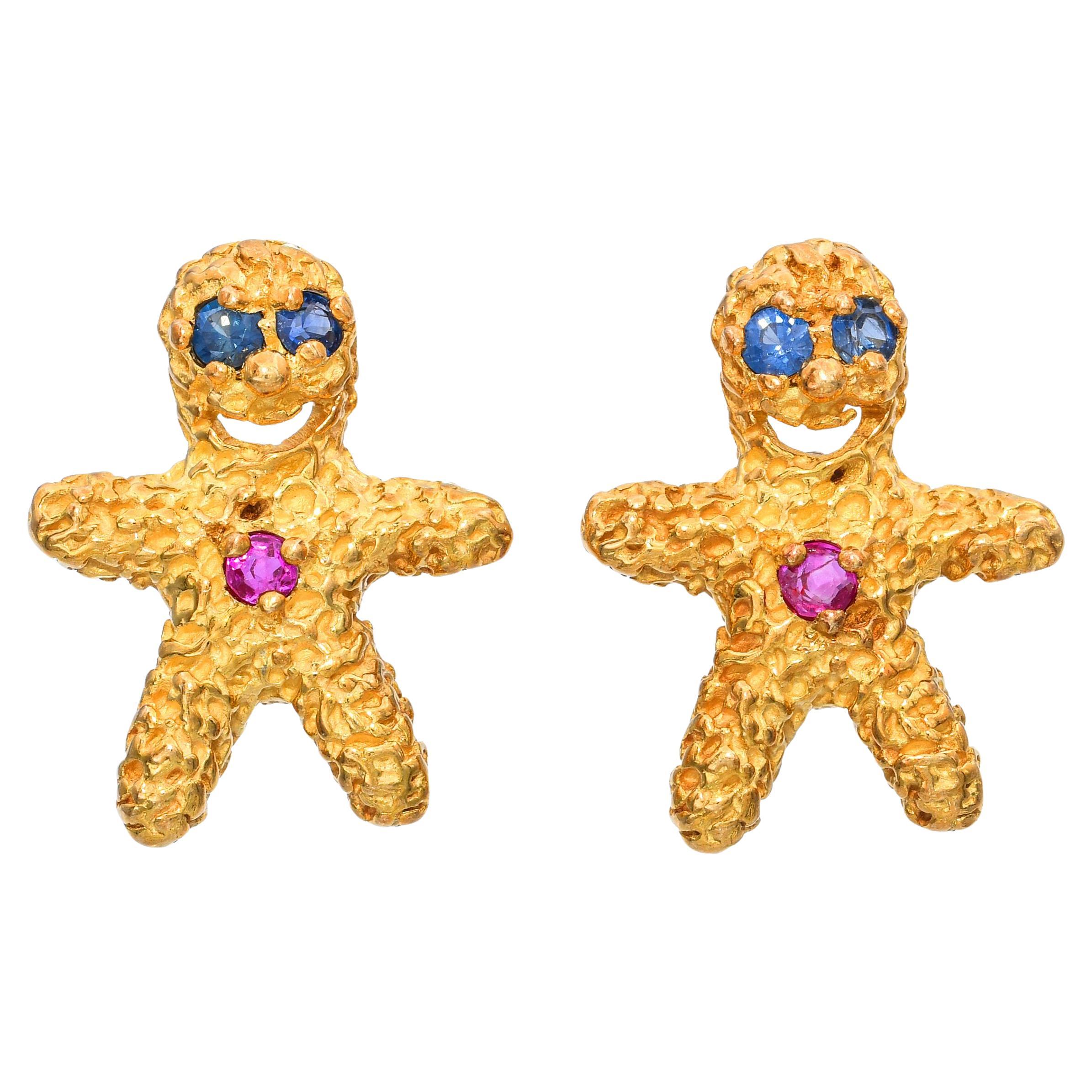 Peter Lindeman 18k Gelbgold Rubin und Saphir Lebkuchen-Ohrringe im Angebot