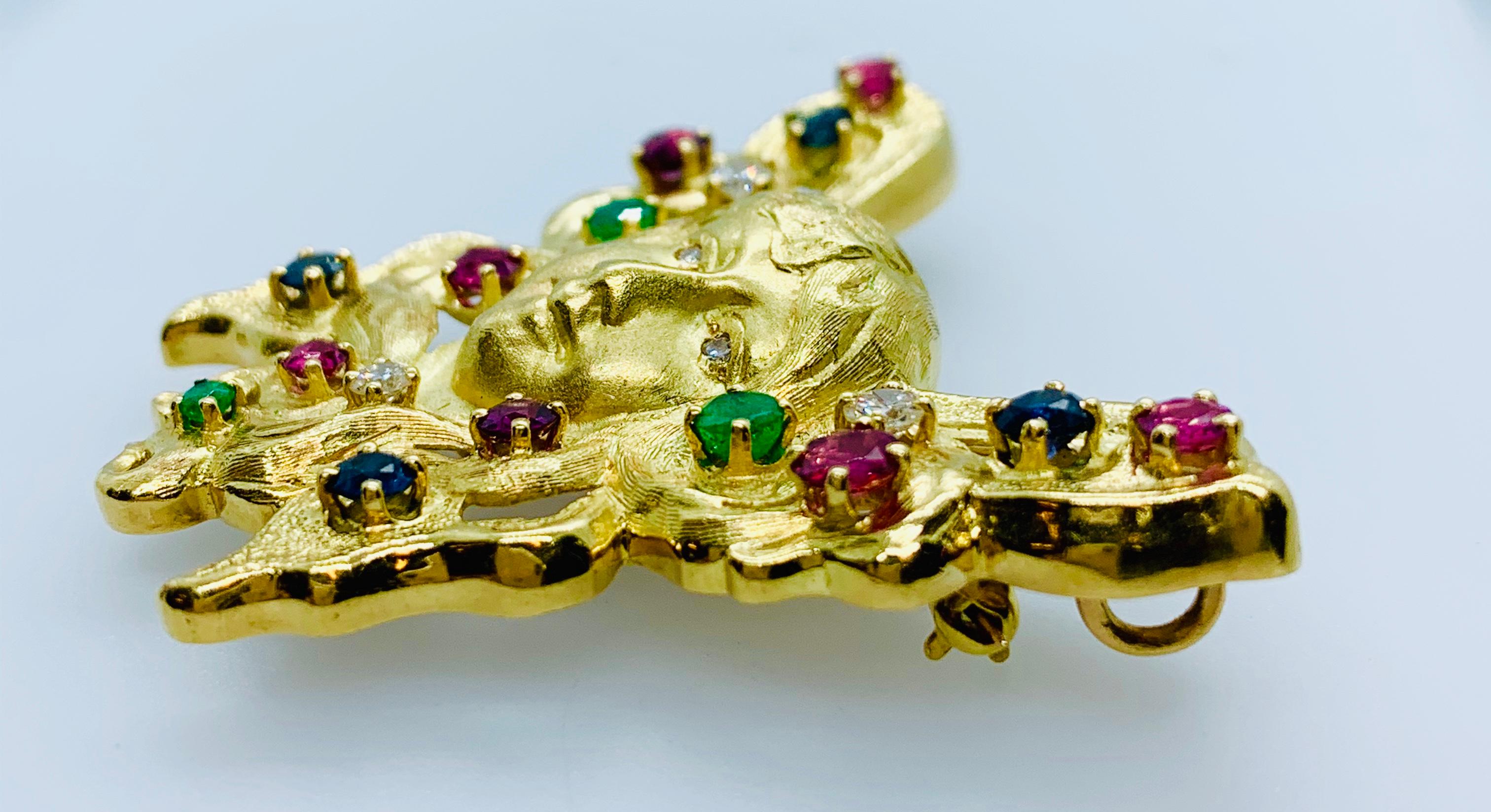 Art Nouveau Peter Lindeman 18 Karat Gold Ruby Sapphire Emerald and Diamond Brooch Enhancer