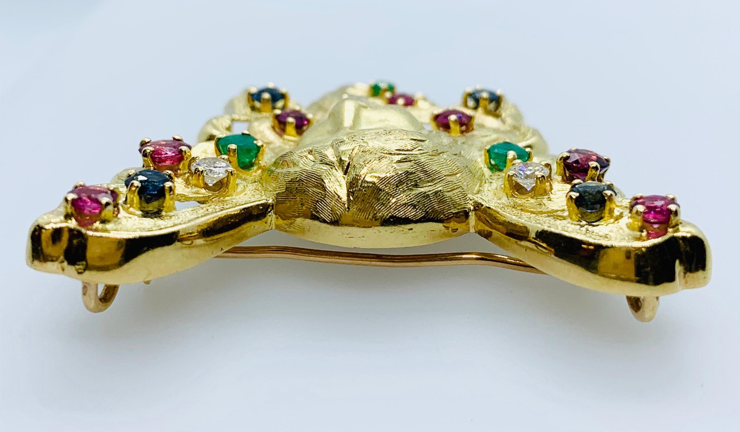 Round Cut Peter Lindeman 18 Karat Gold Ruby Sapphire Emerald and Diamond Brooch Enhancer