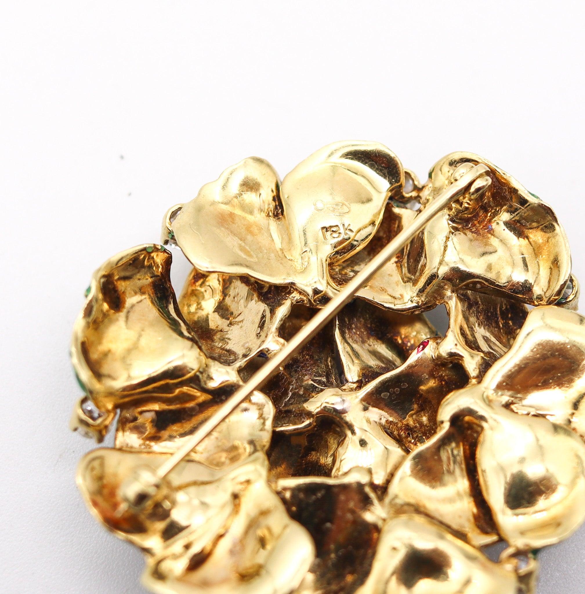 Modern PETER LINDEMAN 1970 New York Enameled Brooch In 18kt Yellow Gold With Diamonds For Sale
