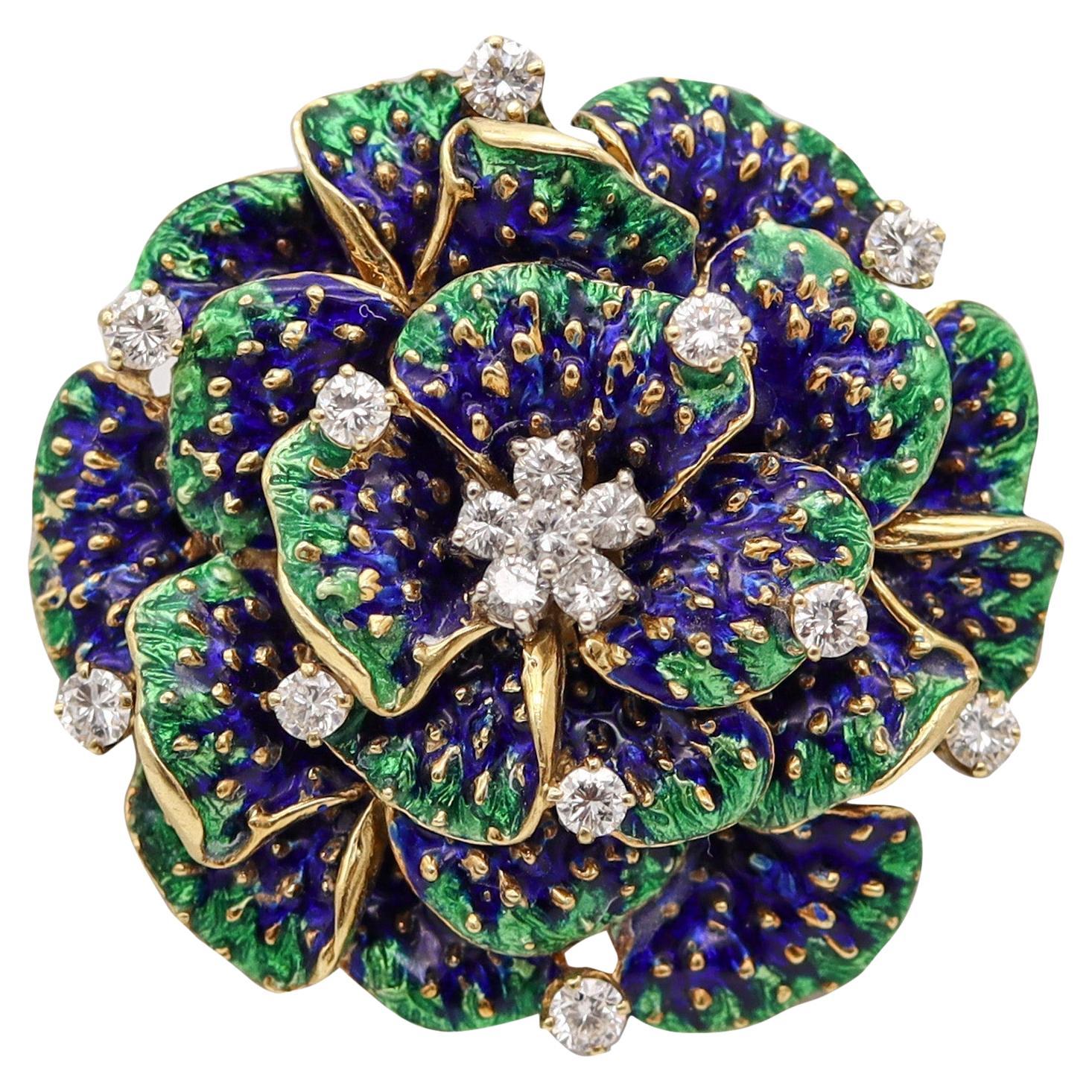 PETER LINDEMAN 1970 New York Enameled Brooch In 18kt Yellow Gold With Diamonds
