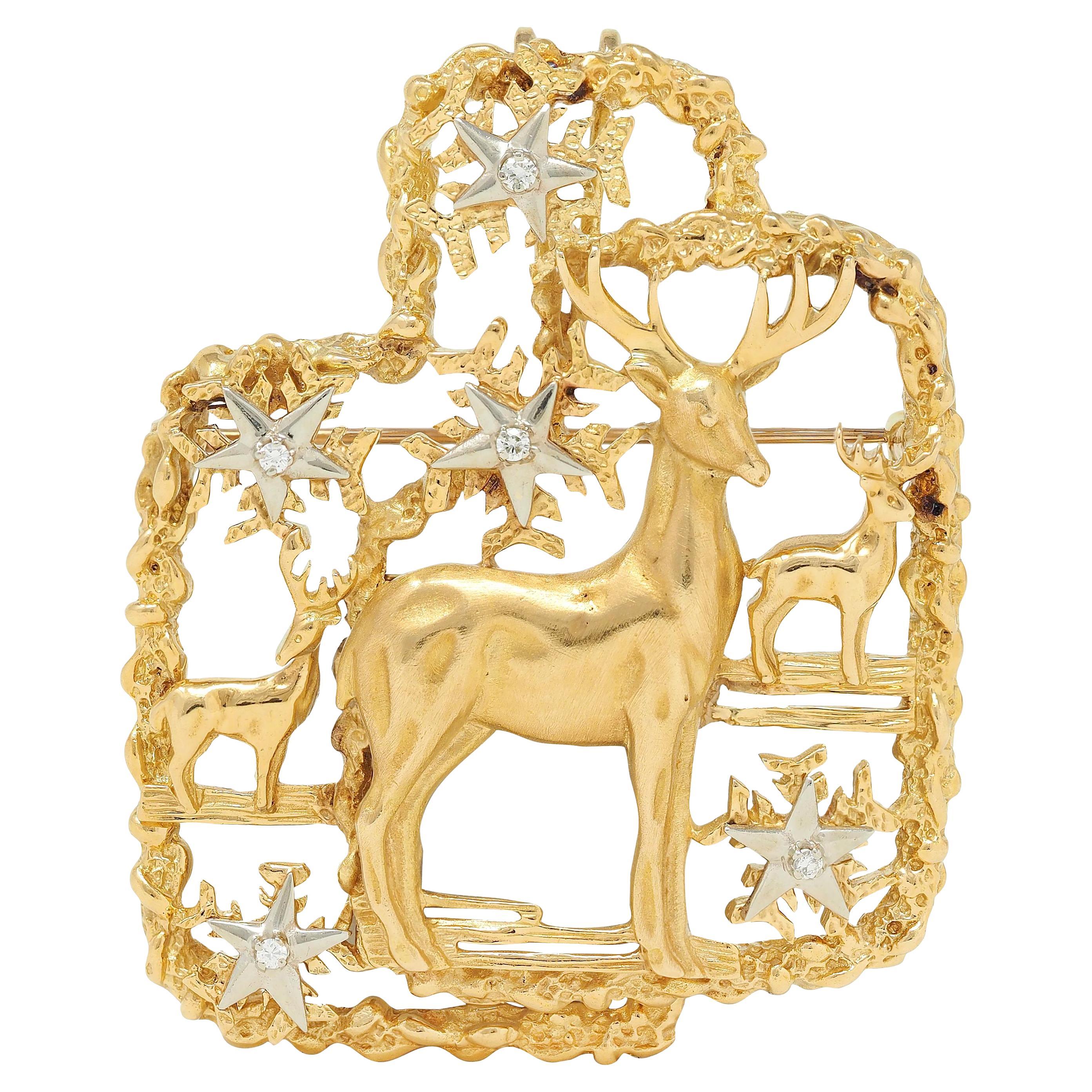 Peter Lindeman 1975 Diamond 18 Karat Two-Tone Gold Vintage Reindeer Xmas Brooch (Broche de Noël en forme de renne)