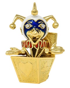 Peter Lindeman 1990's Diamond Enamel 18K Gold Vintage Jack-In-The-Box Brooch