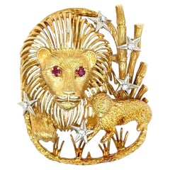 Peter Lindeman Gold Ruby Diamond Lion Head Brooch