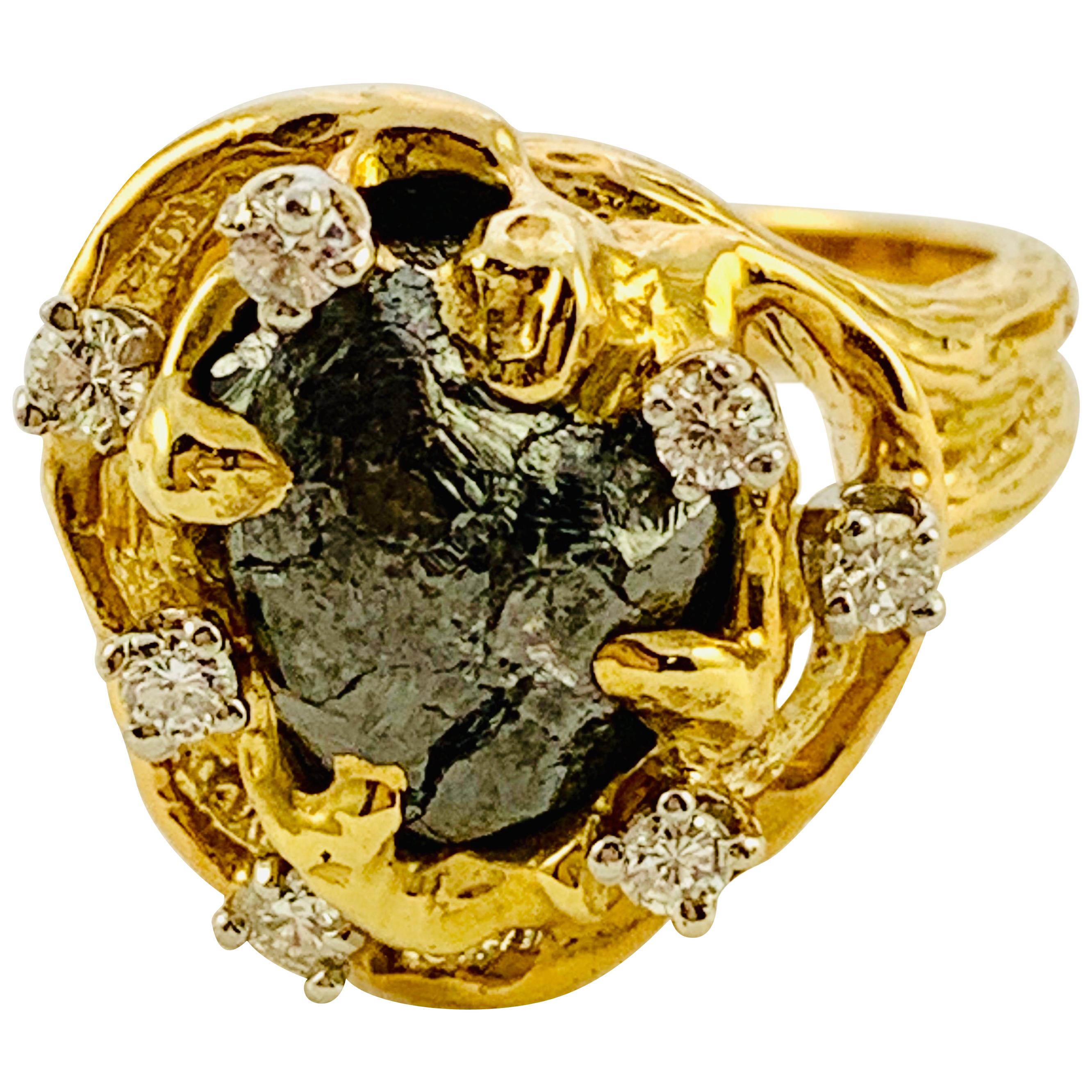 Peter Linderman 18 Karat Yellow Gold, Diamond and Rough Diamond Ladies Ring For Sale