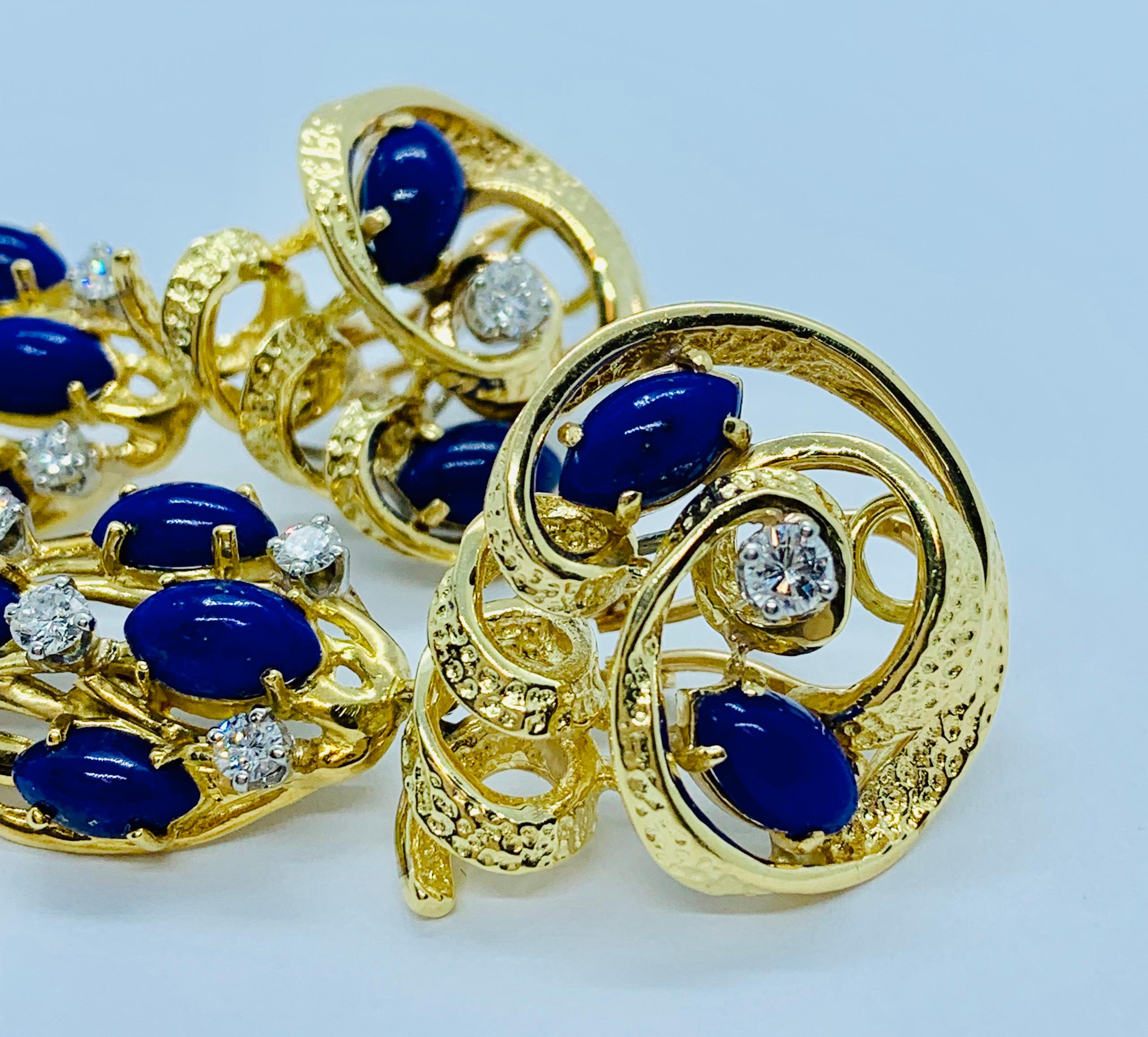 Peter Linderman 18 Karat Yellow Gold, Diamond and Blue Lapis Lazuli Earrings 3