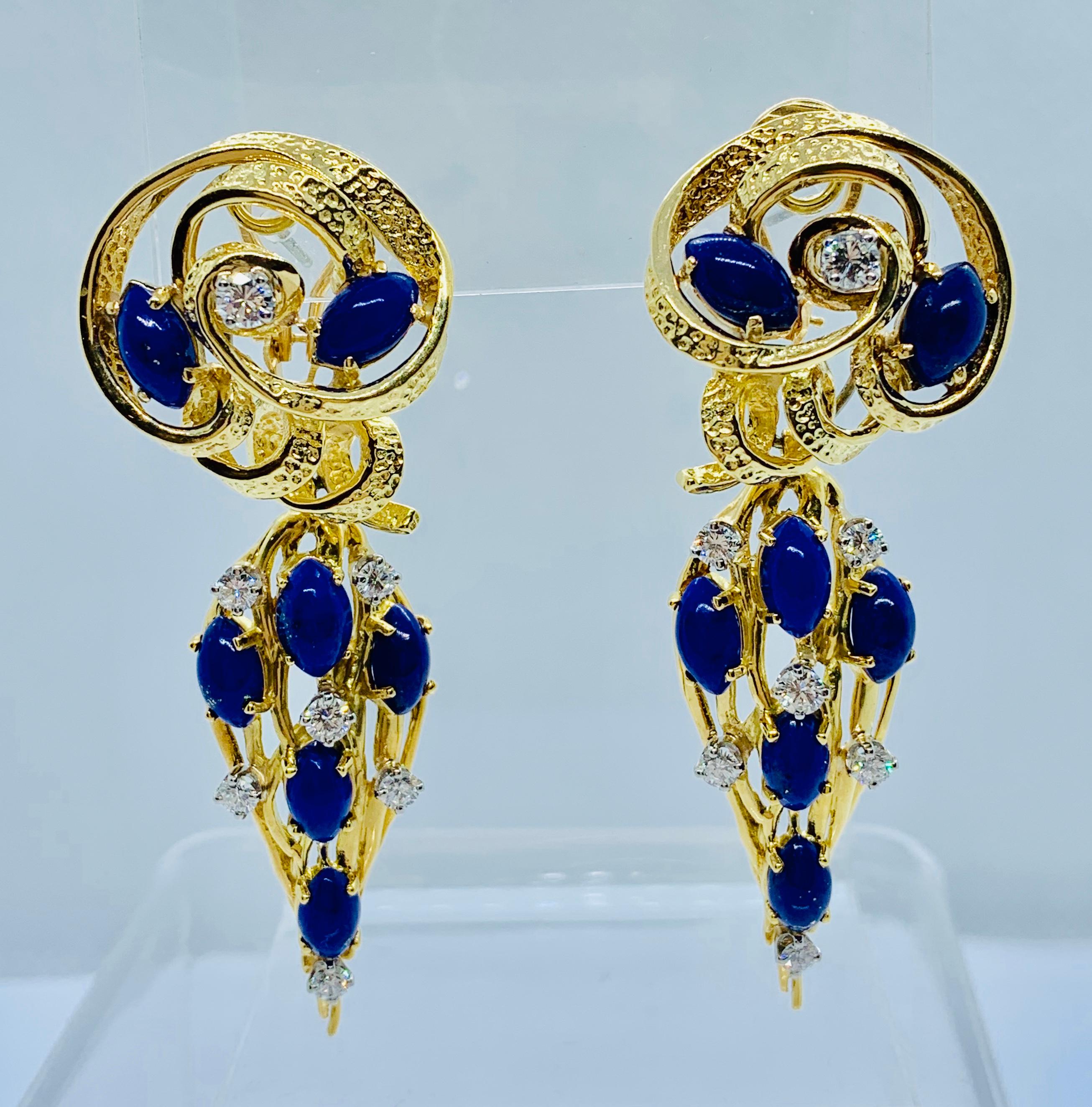 Contemporary Peter Linderman 18 Karat Yellow Gold, Diamond and Blue Lapis Lazuli Earrings