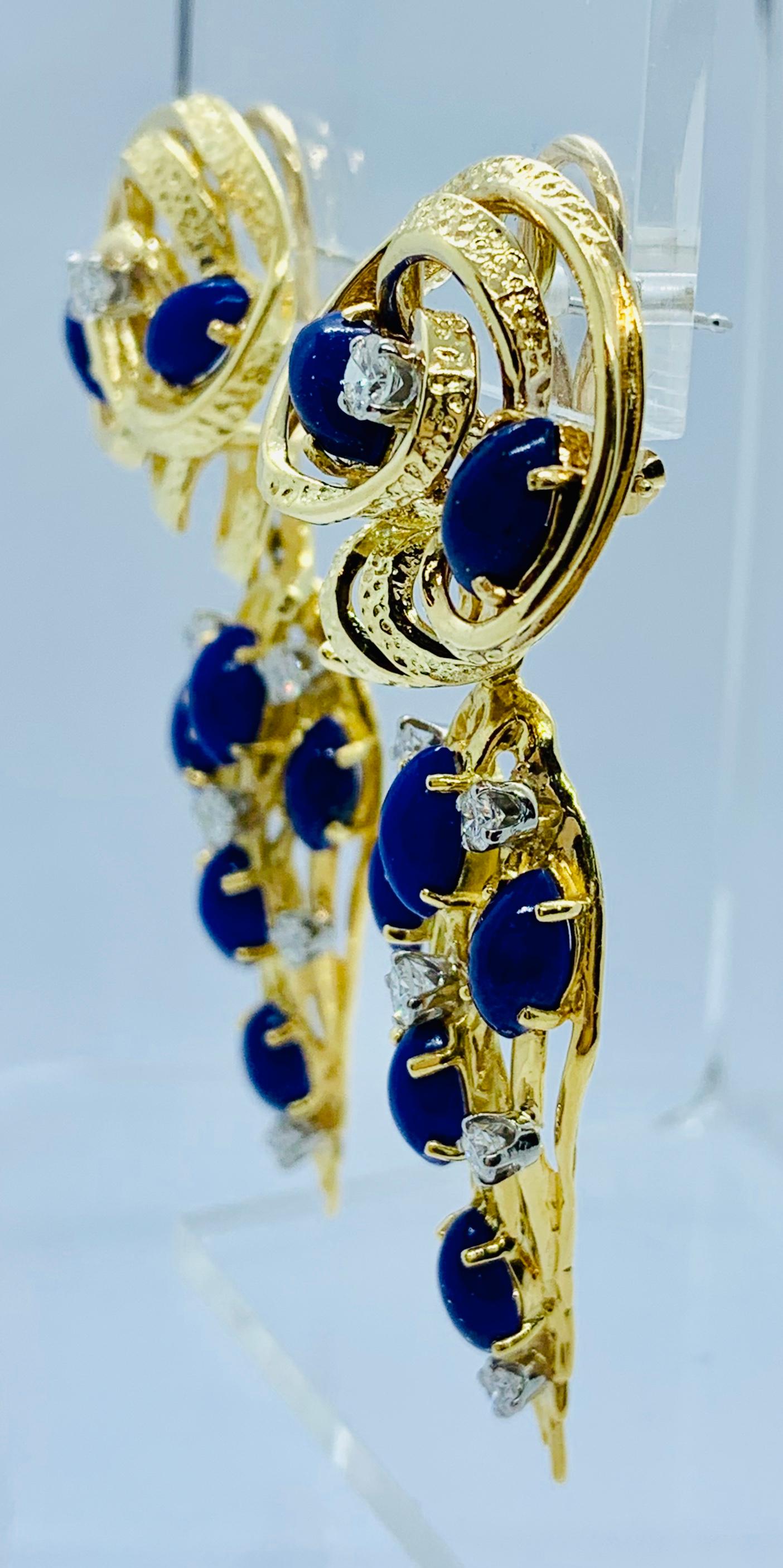Round Cut Peter Linderman 18 Karat Yellow Gold, Diamond and Blue Lapis Lazuli Earrings