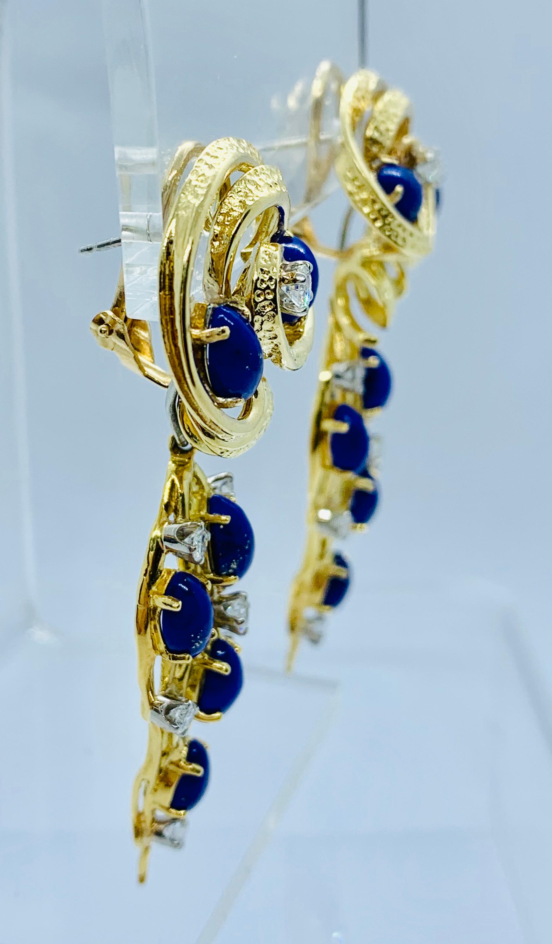 Peter Linderman 18 Karat Yellow Gold, Diamond and Blue Lapis Lazuli Earrings In Excellent Condition In Birmingham, AL