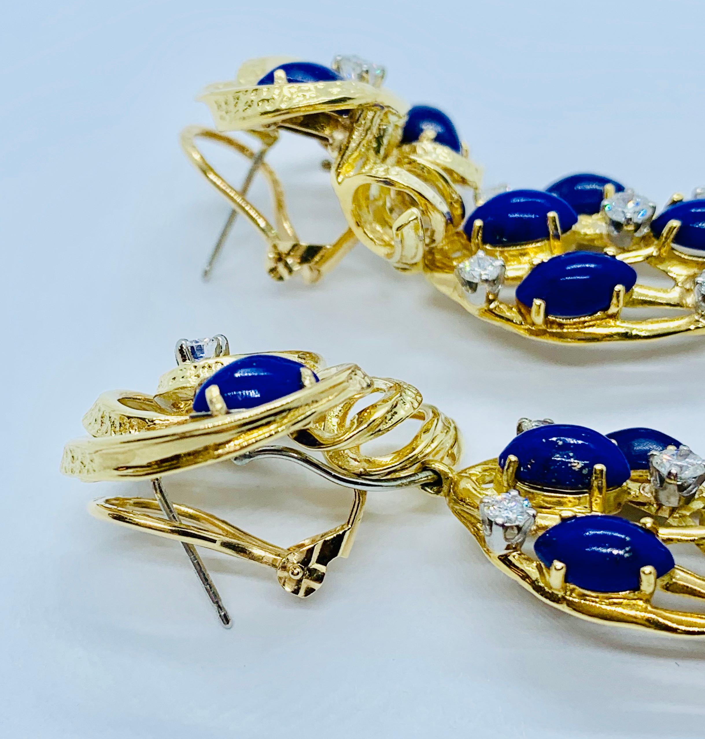 Peter Linderman 18 Karat Yellow Gold, Diamond and Blue Lapis Lazuli Earrings 1