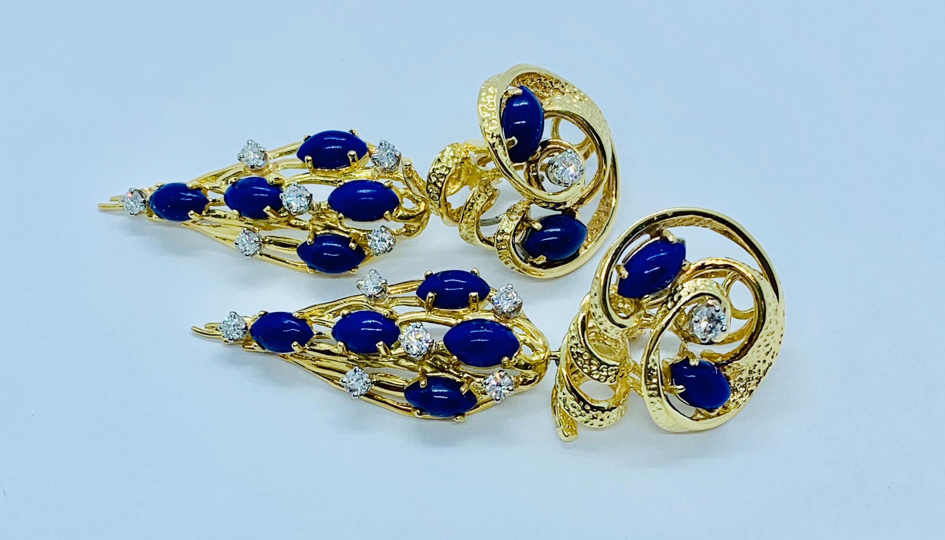 Peter Linderman 18 Karat Yellow Gold, Diamond and Blue Lapis Lazuli Earrings 2